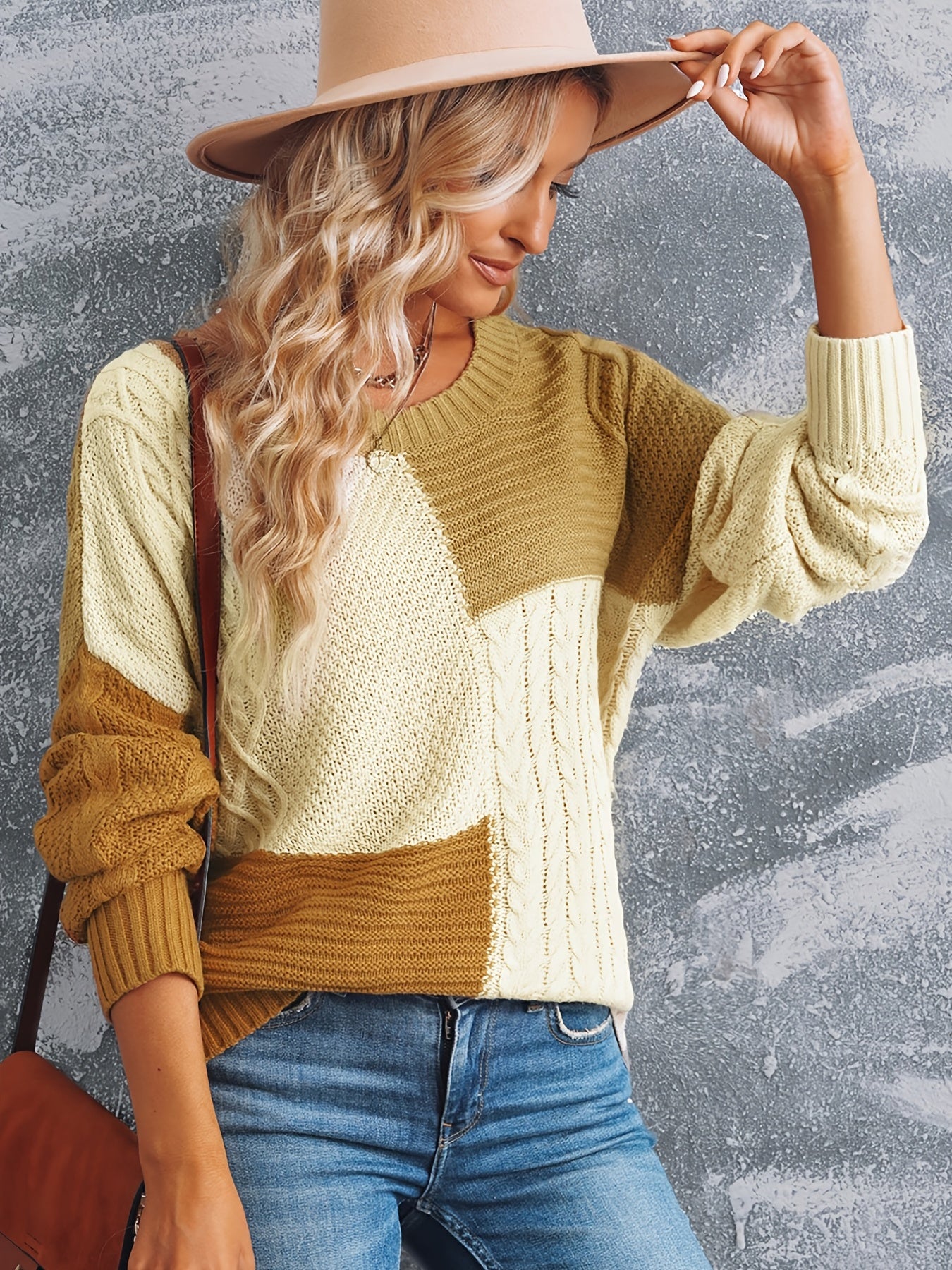 Antmvs Color Block Drop Shoulder Sweater, Loose Long Sleeve Knit Pullover, Women's Clothing