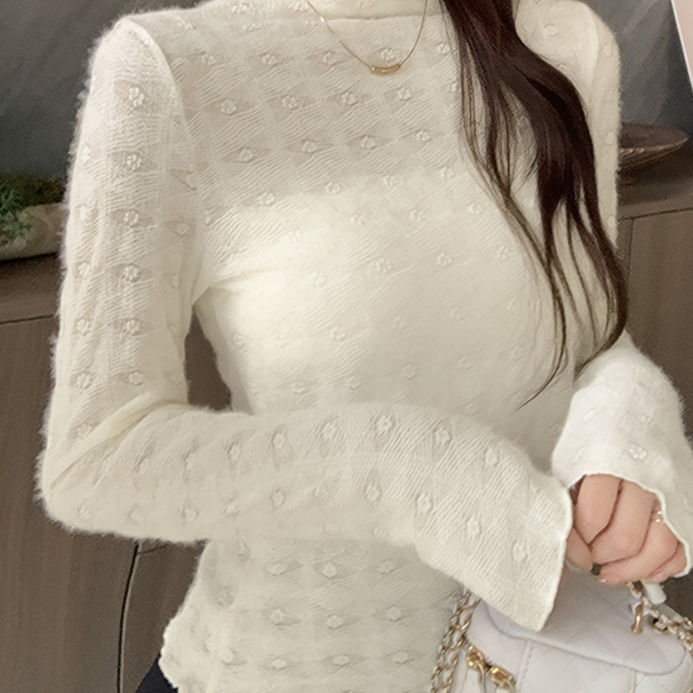 Antmvs Solid Color Mock Neck T-Shirt, Casual Long Sleeve T-Shirt For Spring & Fall, Women's Clothing