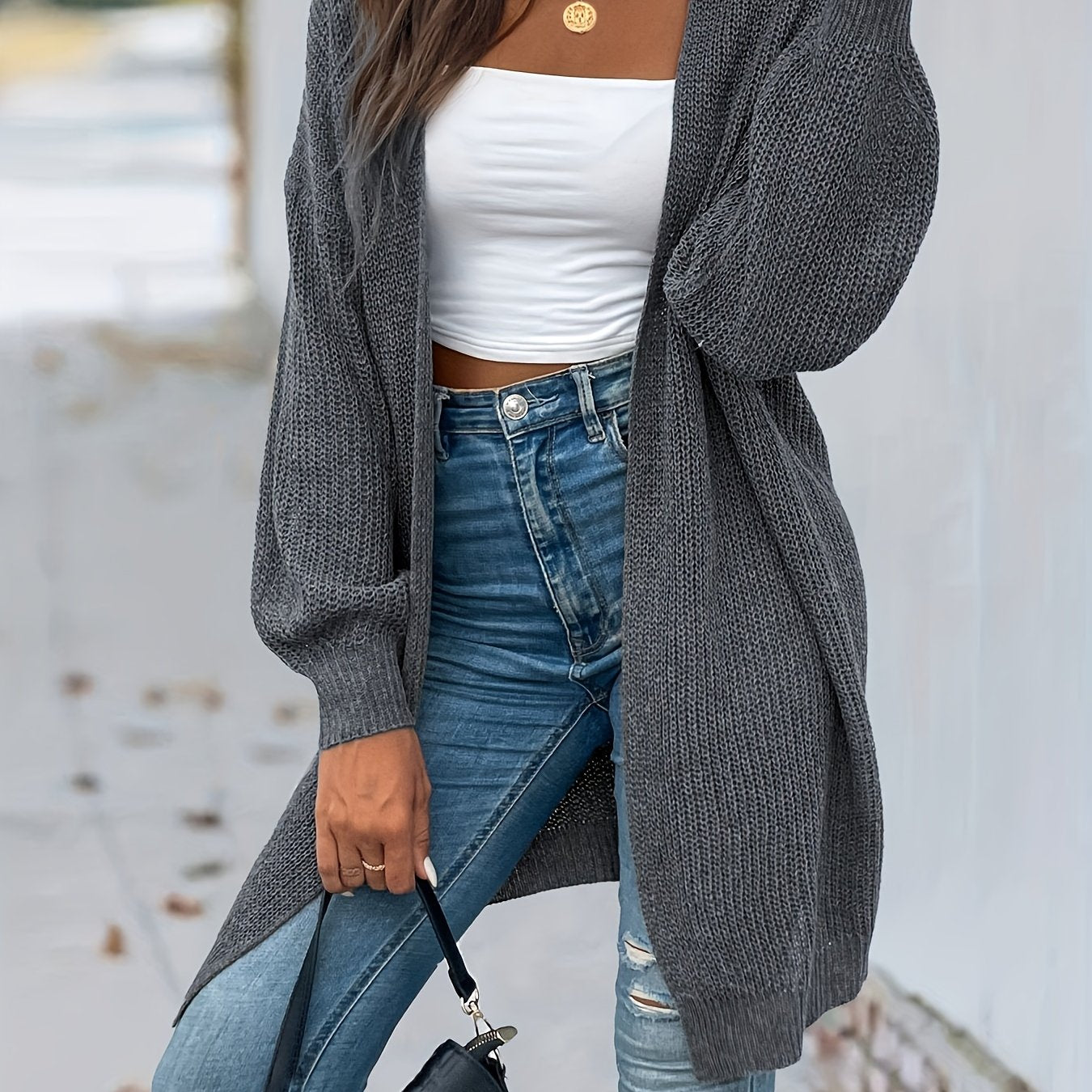 Antmvs Open Front Vintage Cardigan, Loose Long Sleeve Sweaters, Casual Long Knitwear Coat, Women's Clothing