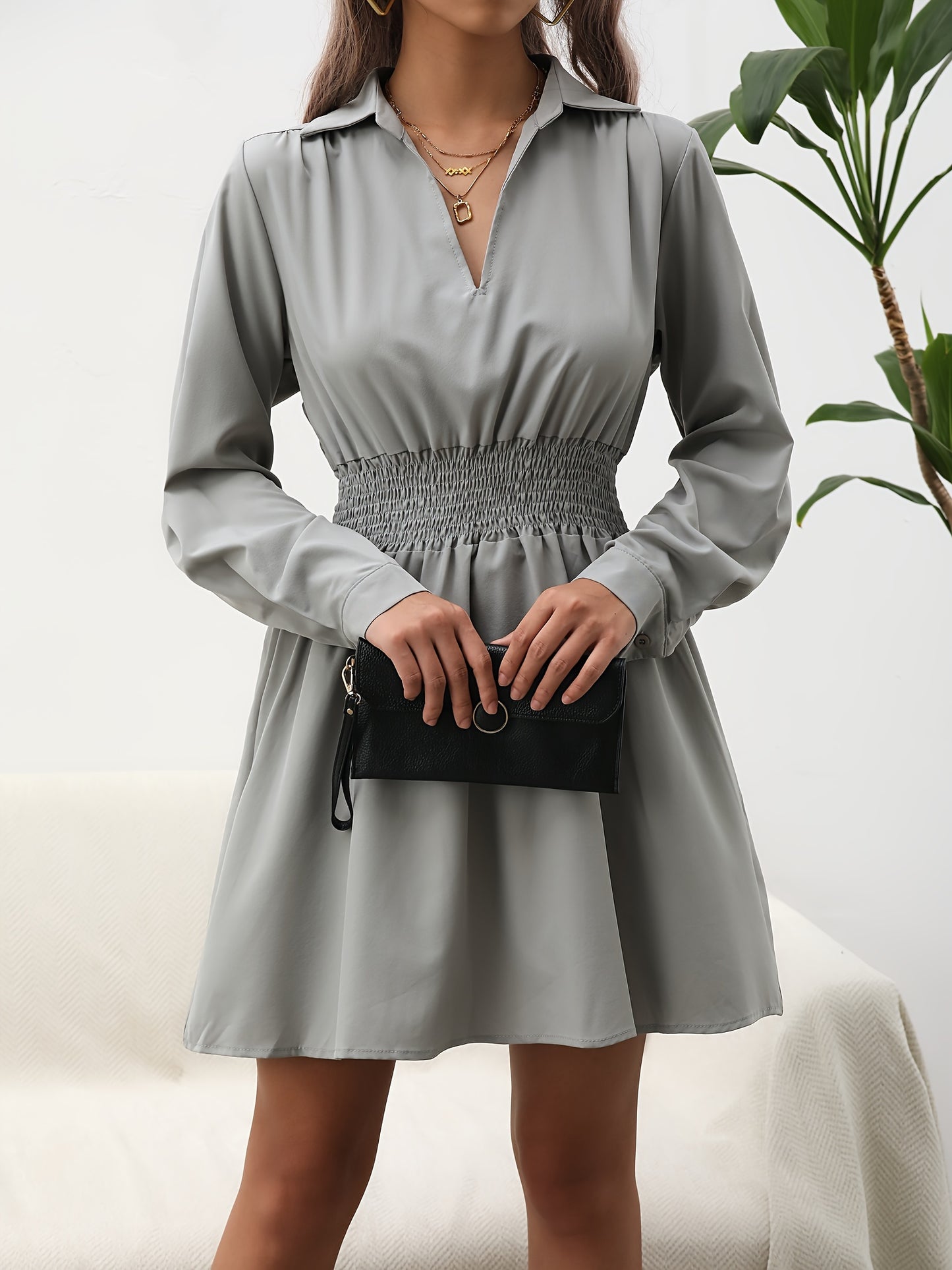 Antmvs Solid V Neck Shirred Waist Dress, Casual Long Sleeve Lapel Dress, Women's Clothing
