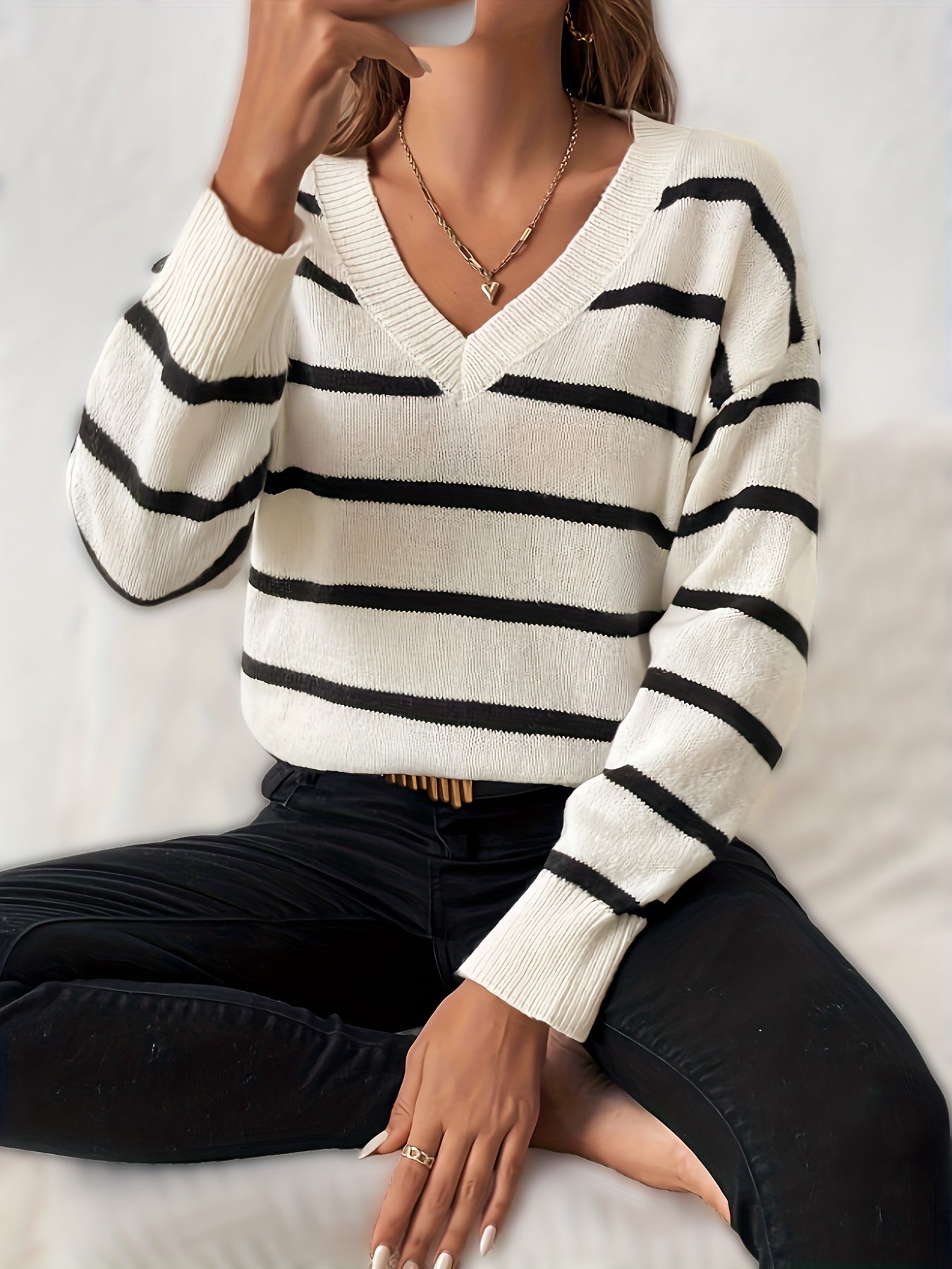 Antmvs Stripe Pattern Knitted Pullover Top, Casual V Neck Long Sleeve Sweater For Fall & Winter, Women's Clothing