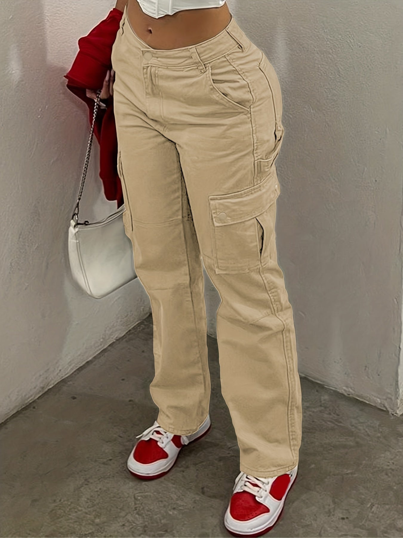 Antmvs Straight Leg Cargo Pants, Y2K Solid High Waist Casual Fashion Slim Wide Leg Pants, Women's Clothing