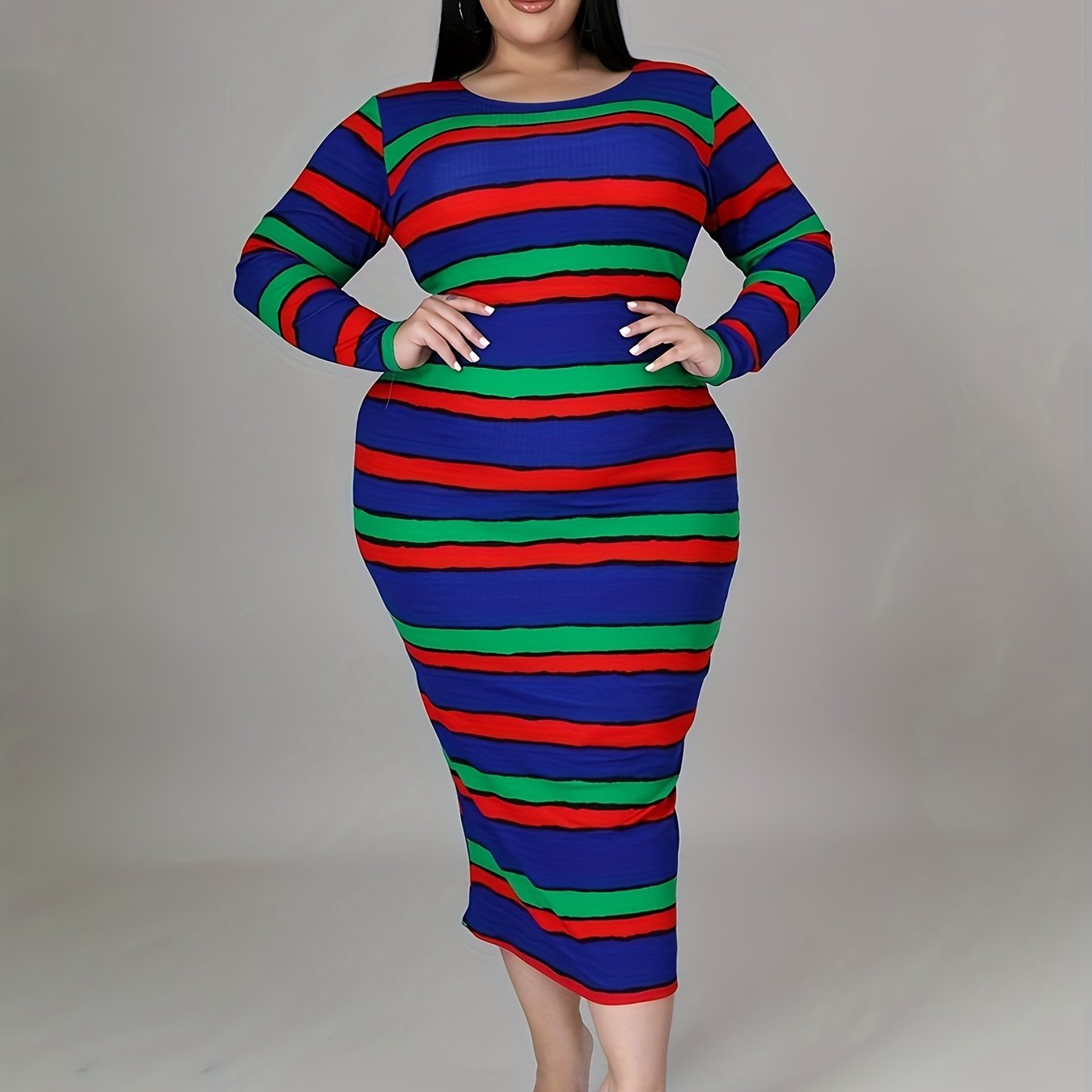 Antmvs Plus Size Casual Dress, Women's Plus Stripe Print Long Sleeve Round Neck Bodycon Midi Dress