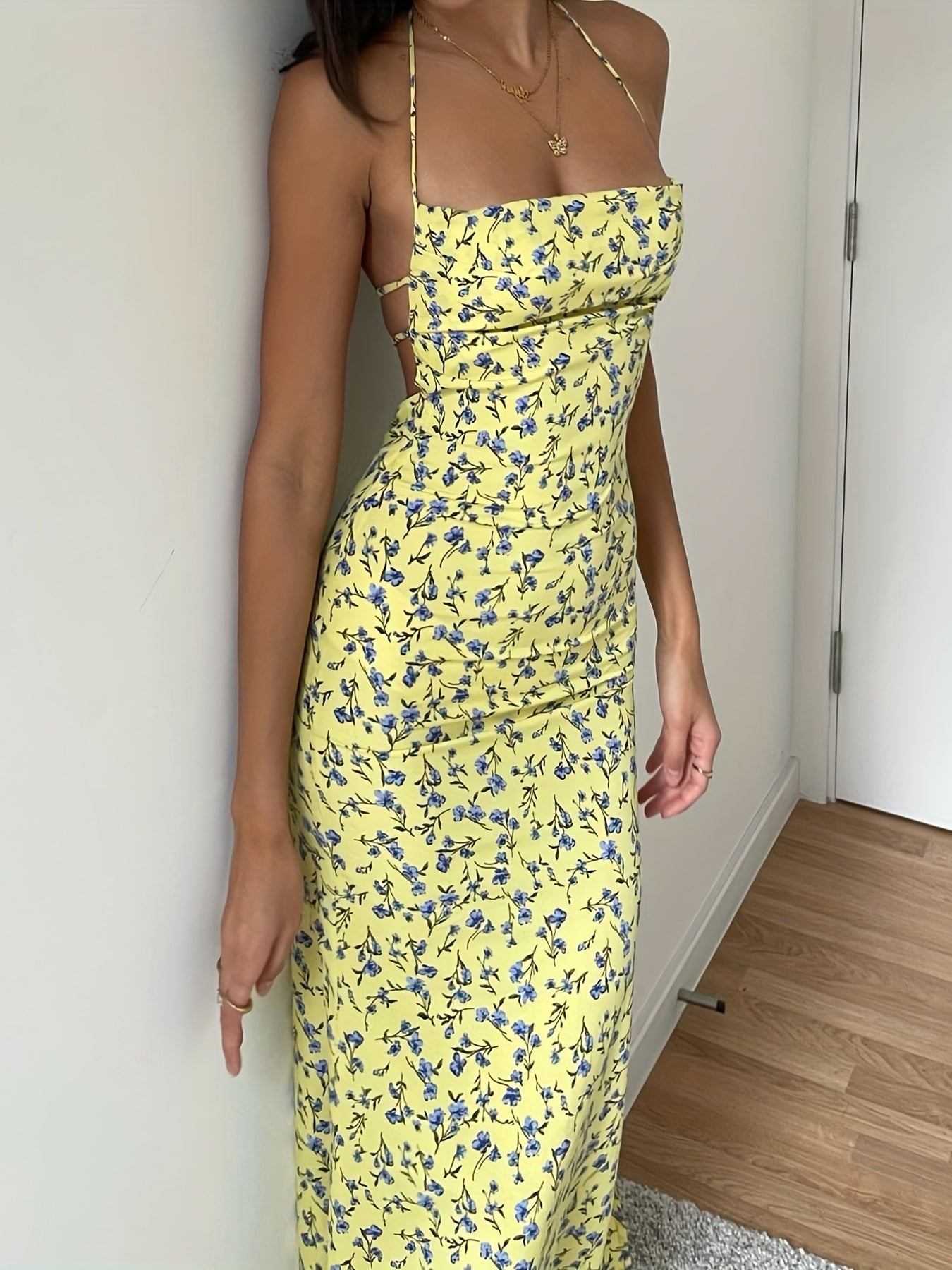 Antmvs Floral Print Split Halter Neck Dress, Sexy Backless Halter Dress For Spring & Summer, Women's Clothing