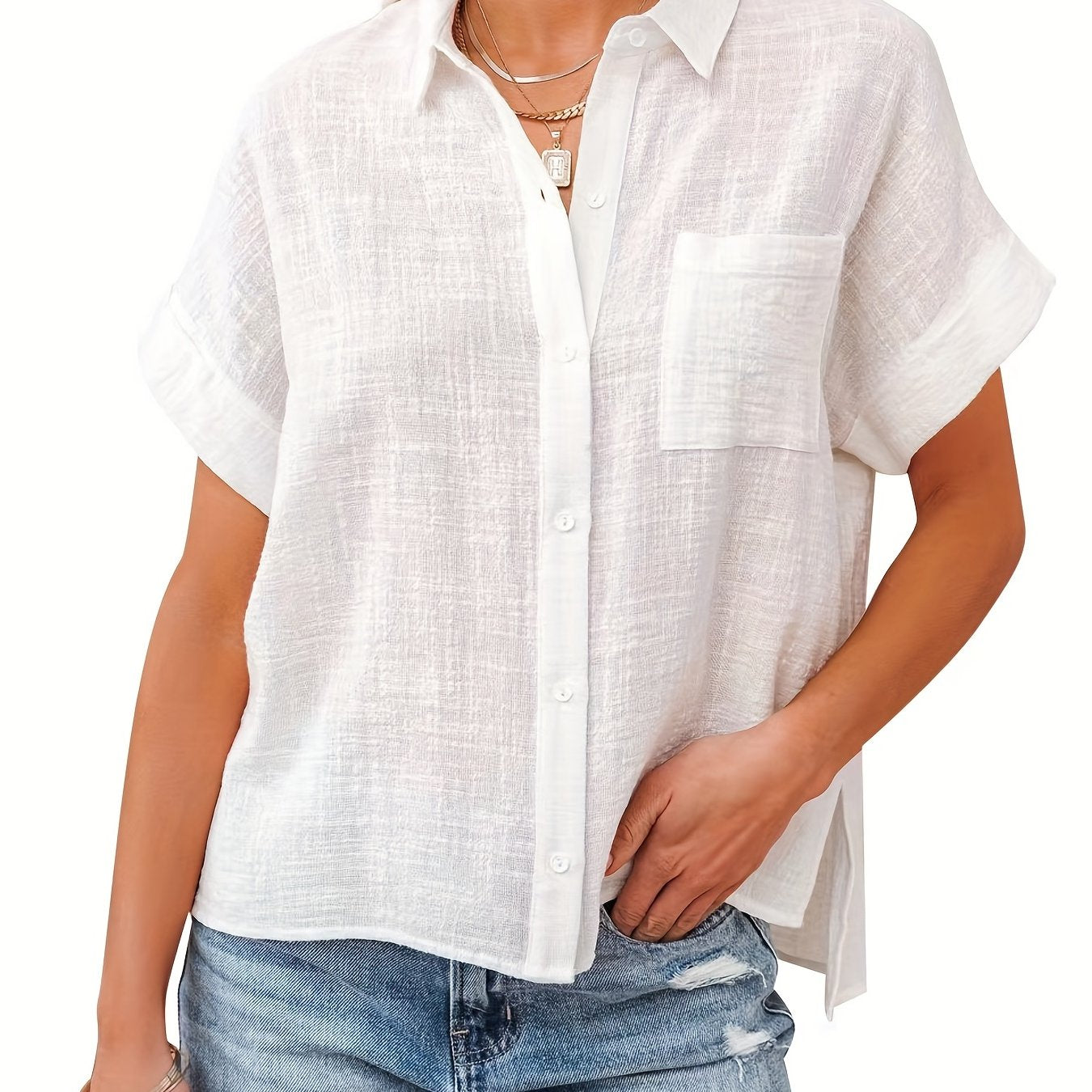 Antmvs Solid Color Short Sleeve Blouse, Casual Button Front Blouse For Spring & Summer, Women's Clothing