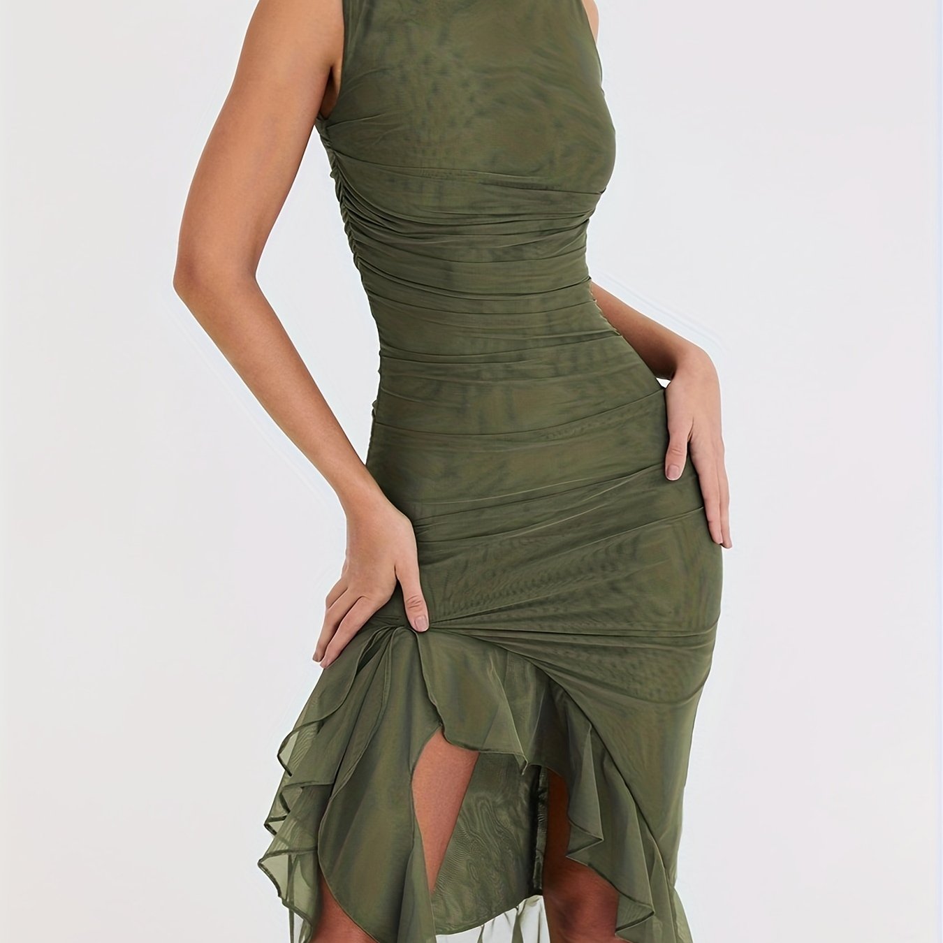 Antmvs Backless Ruffle Hem Dress, Sexy Solid Bodycon Ruched Dress, Women's Clothing