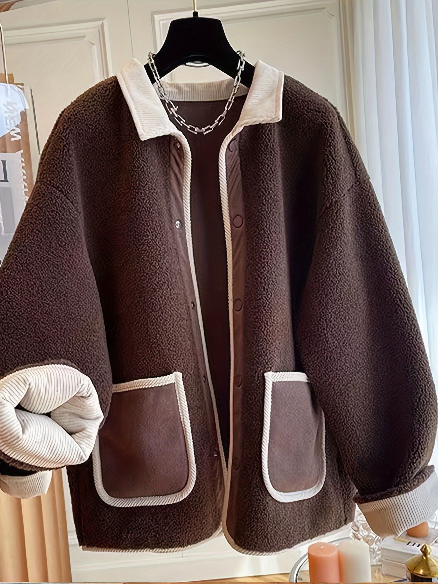 Antmvs Contrast Trim Patched Pockets Outwear, Versatile Long Sleeve Button Front Coat For Fall & Winter, Women's Clothing