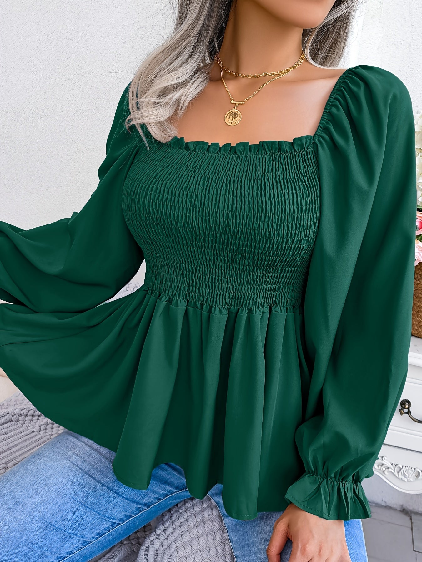 Antmvs Shirred Lantern Sleeve Shirt, Casual Squared Neck Pleated Ruffle Trim Solid Shirt, Women's Clothing