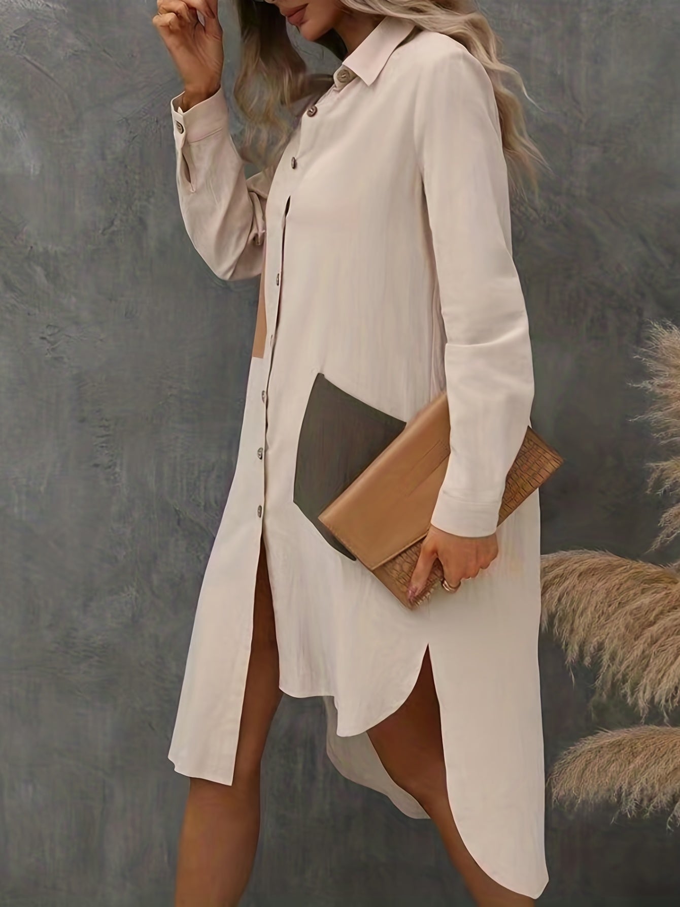Antmvs Asymmetrical Hem Midi Dress, Casual Button Front Long Sleeve Dress With Pockets, Women's Clothing