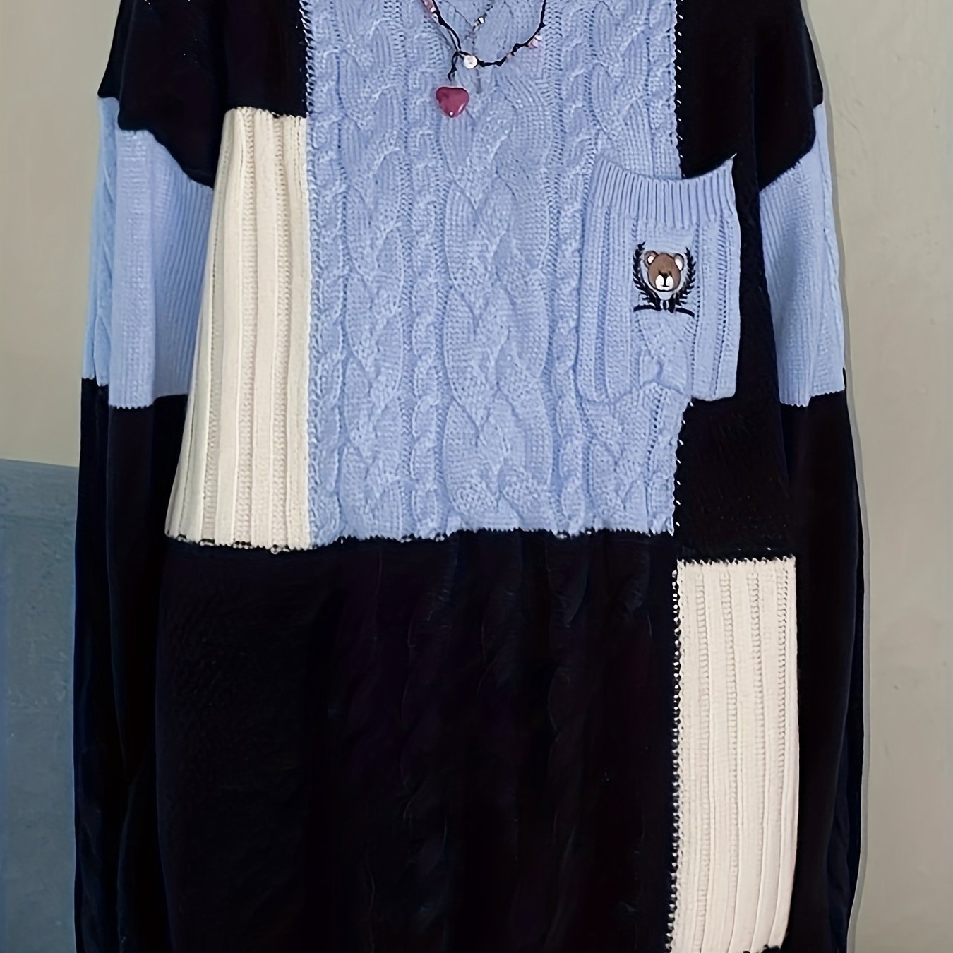 Antmvs Bear Embroidered Color Block Sweater, Preppy Long Sleeve Sweater For Fall & Winter, Women's Clothing