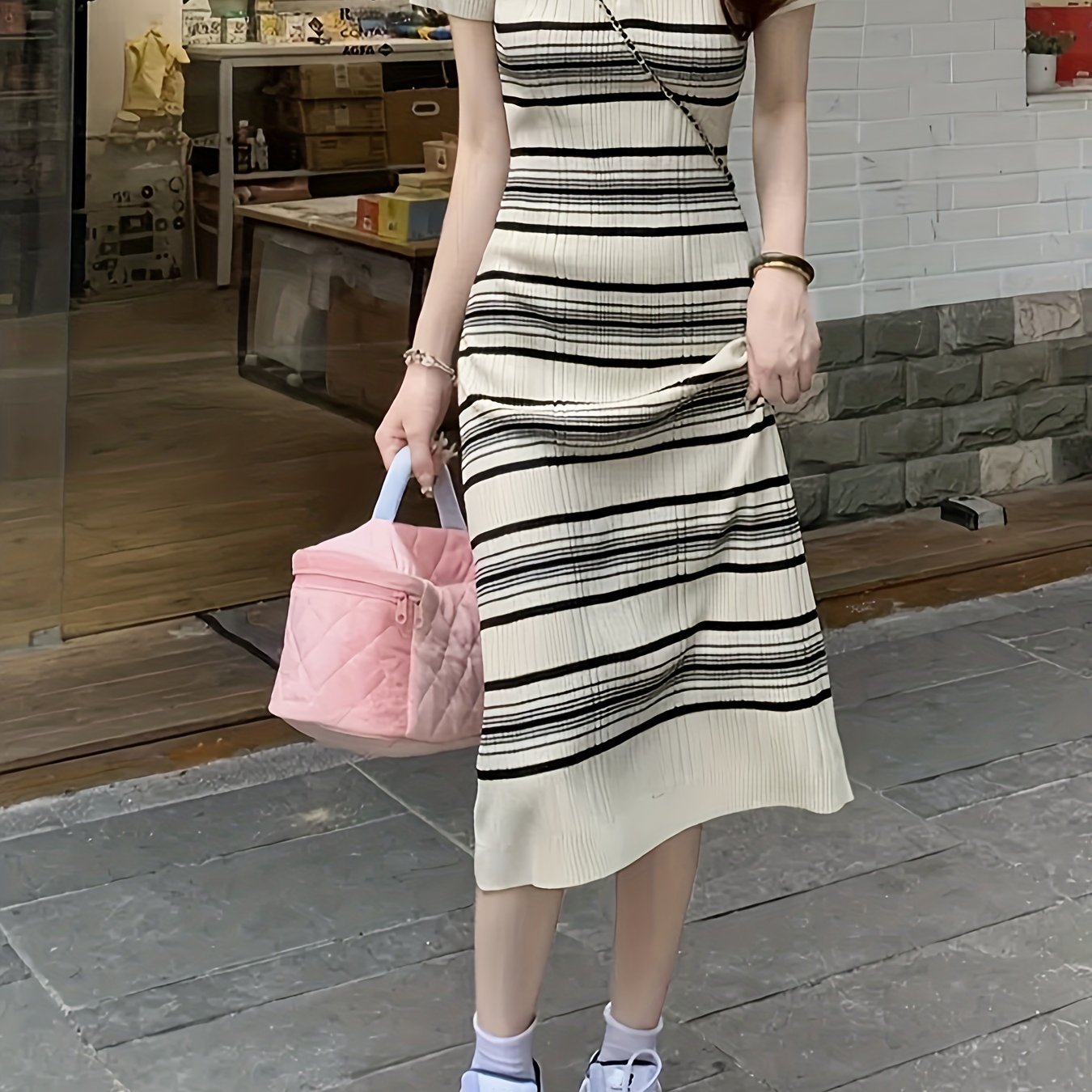 Antmvs Striped Print Collar Dress, Casual Short Sleeve Bodycon Summer Dress, Women's Clothing