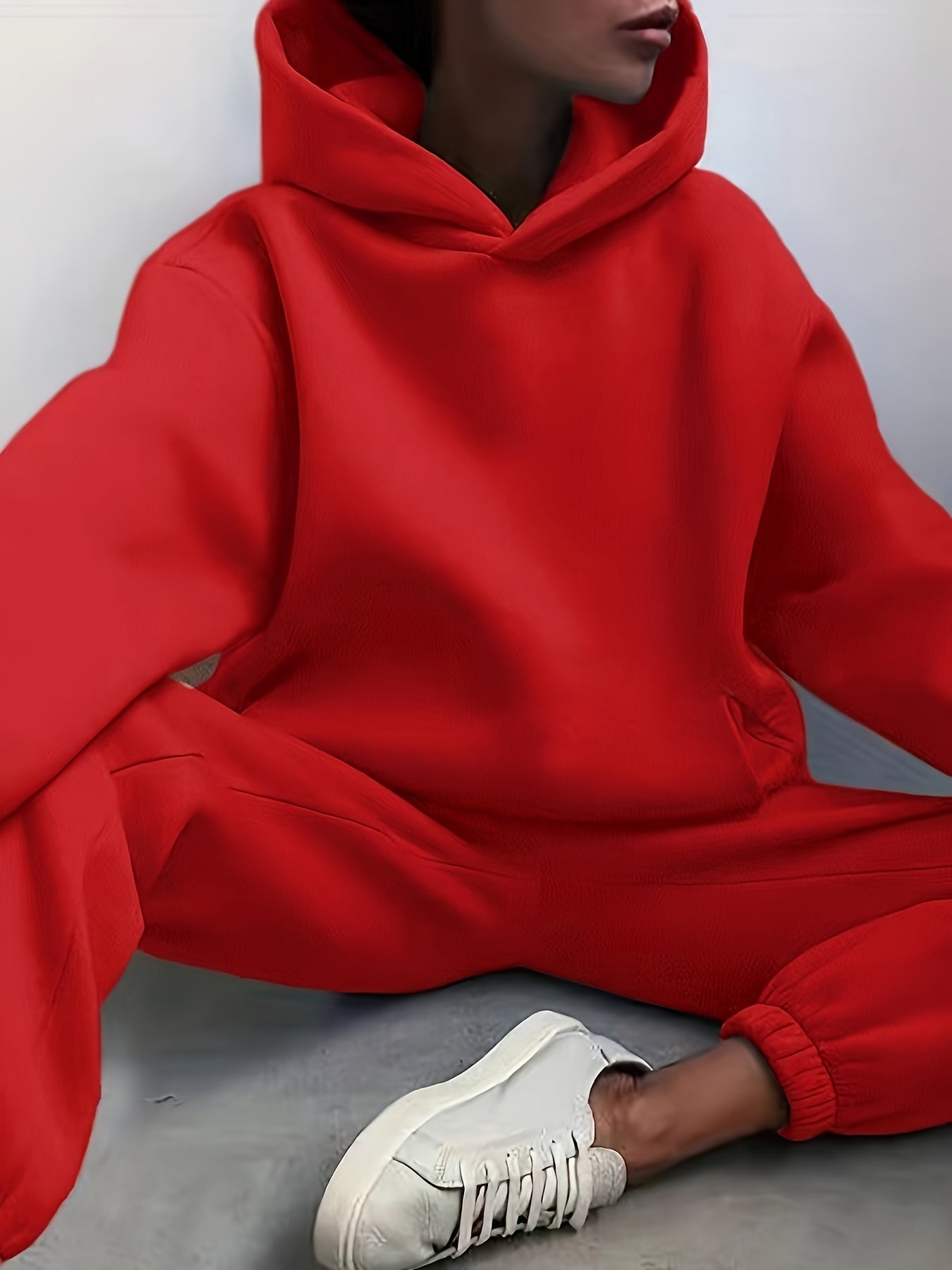 Antmvs Casual Solid Two-piece Set, Drop Shoulder Long Sleeve Hoodies & Elastic Waist Jogger Pants Outfits, Women's Clothing
