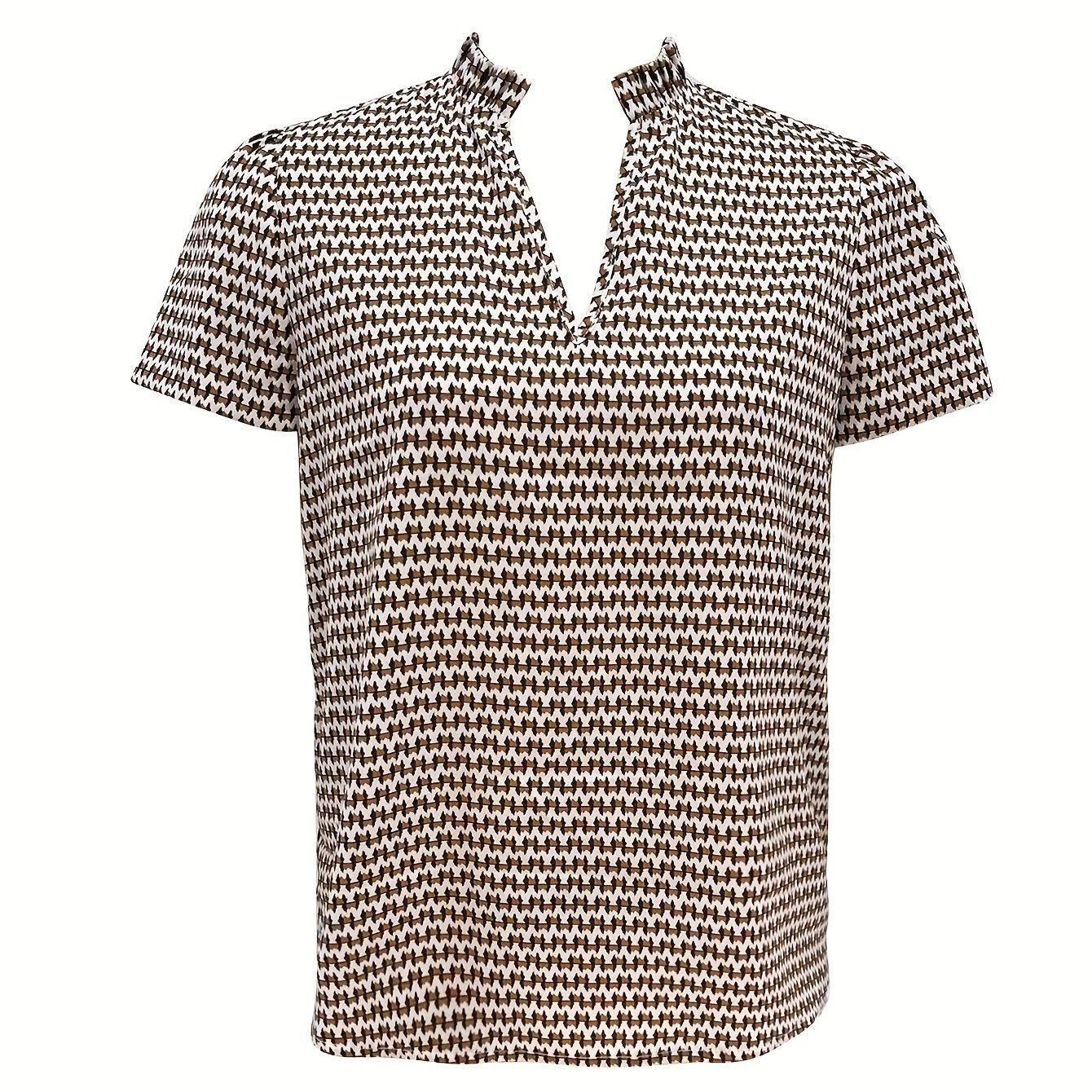Antmvs Allover Print Notched Neck Blouse, Casual Short Sleeve Blouse For Spring & Summer, Women's Clothing