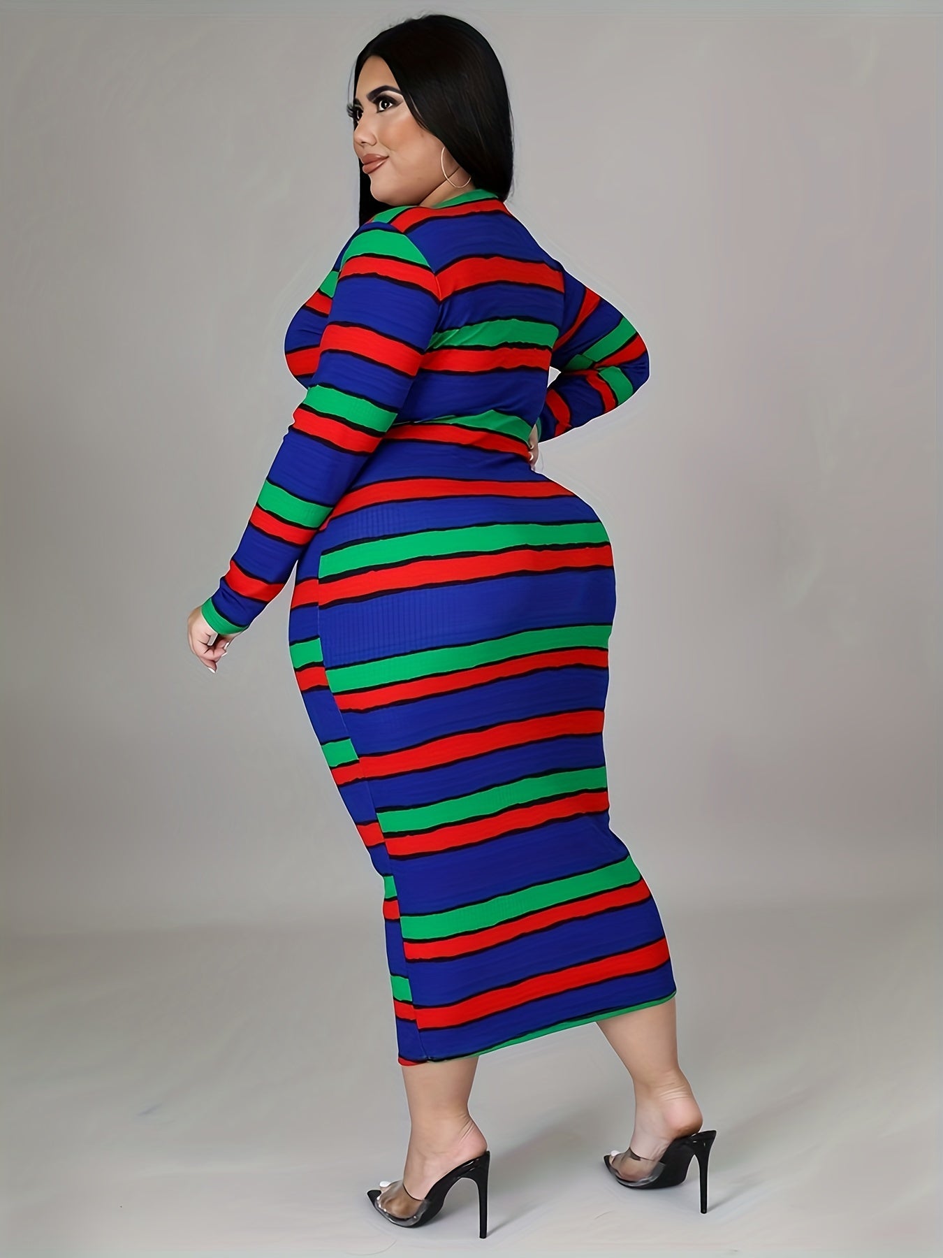 Antmvs Plus Size Casual Dress, Women's Plus Stripe Print Long Sleeve Round Neck Bodycon Midi Dress