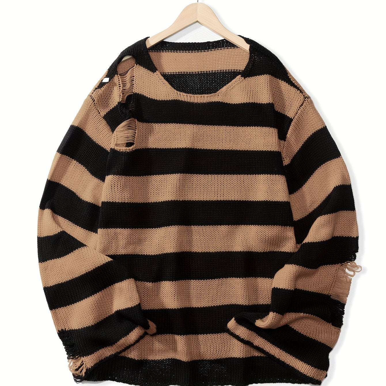 Antmvs All Match Knitted Ripped Striped Sweater, Men's Casual Warm Slightly Stretch Crew Neck Pullover Sweater For Fall Winter