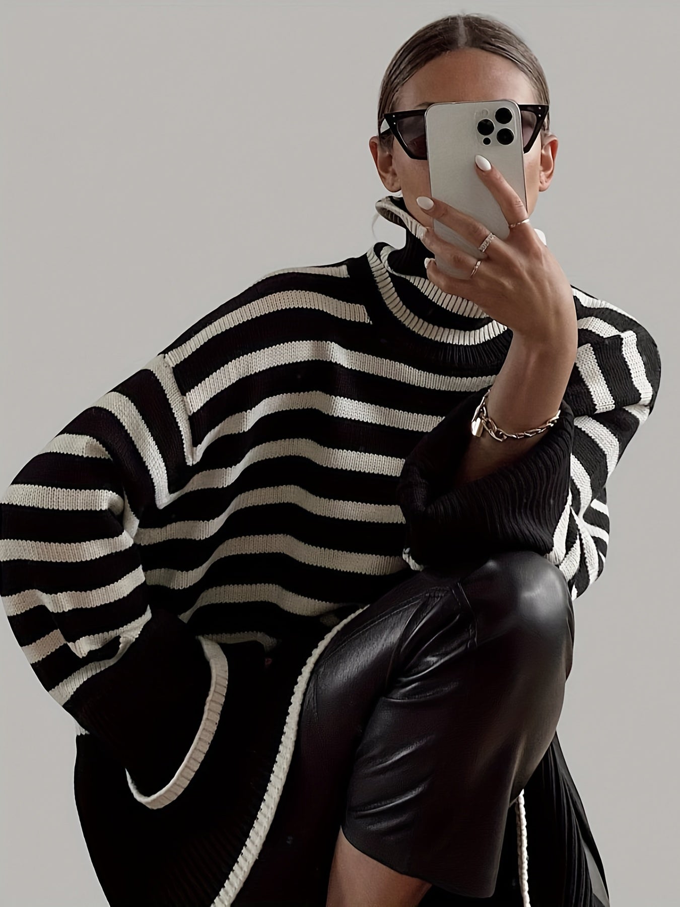 Antmvs Plus Size Y2K Sweater, Women's Plus Striped Long Sleeve Turtle Neck Drop Shoulder Loose Pullover Top