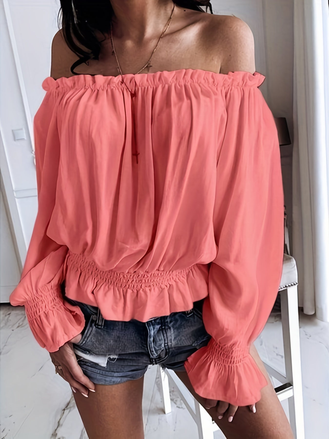 Antmvs Off Shoulder Ruffle Trim Blouse, Casual Long Sleeve Blouse For Spring & Fall, Women's Clothing