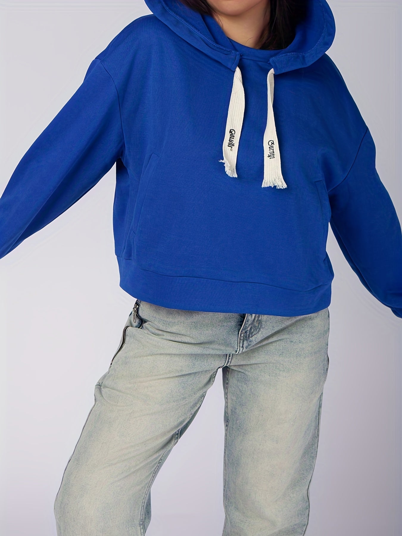 Antmvs Plus Size Casual Sweatshirt, Women's Plus Solid Long Sleeve Slight Stretch Drawstring Hoodie With Pockets