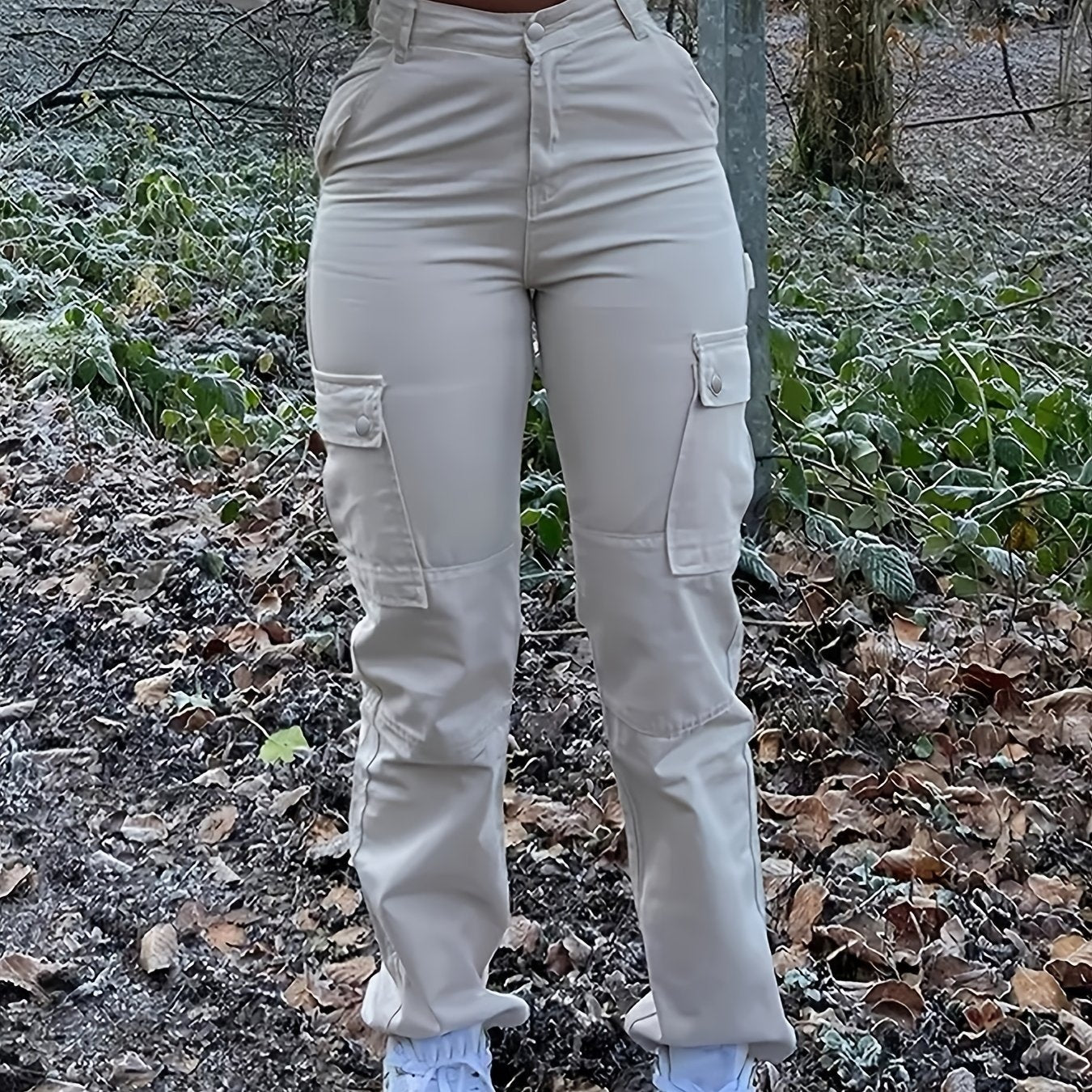 Antmvs Straight Leg Cargo Pants, Y2K Solid High Waist Casual Fashion Slim Wide Leg Pants, Women's Clothing