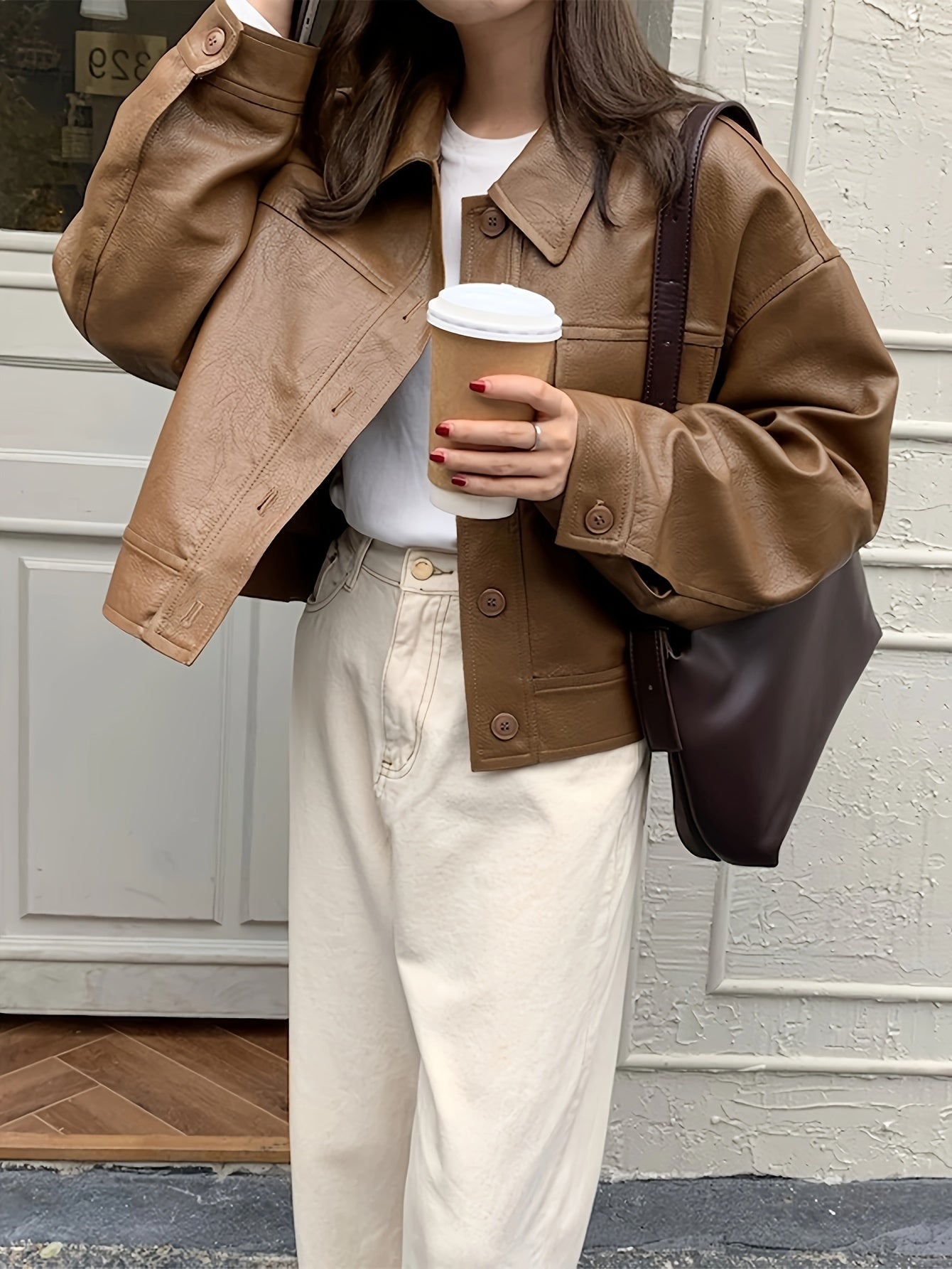 Antmvs Solid Faux Leather Vintage Jacket, Long Sleeve Single Breasted Outwear For Fall & Winter, Women's Clothing