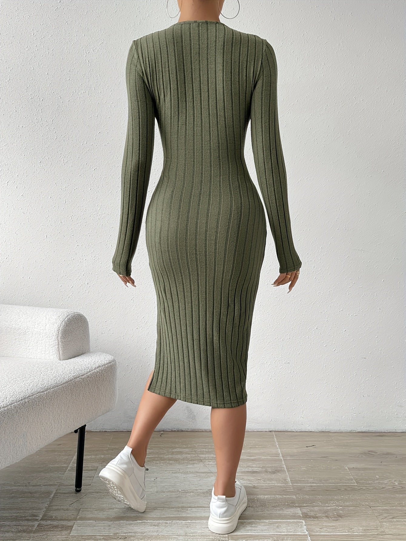 Antmvs Ribbed Solid Split Dress, Casual Crew Neck Long Sleeve Dress, Women's Clothing