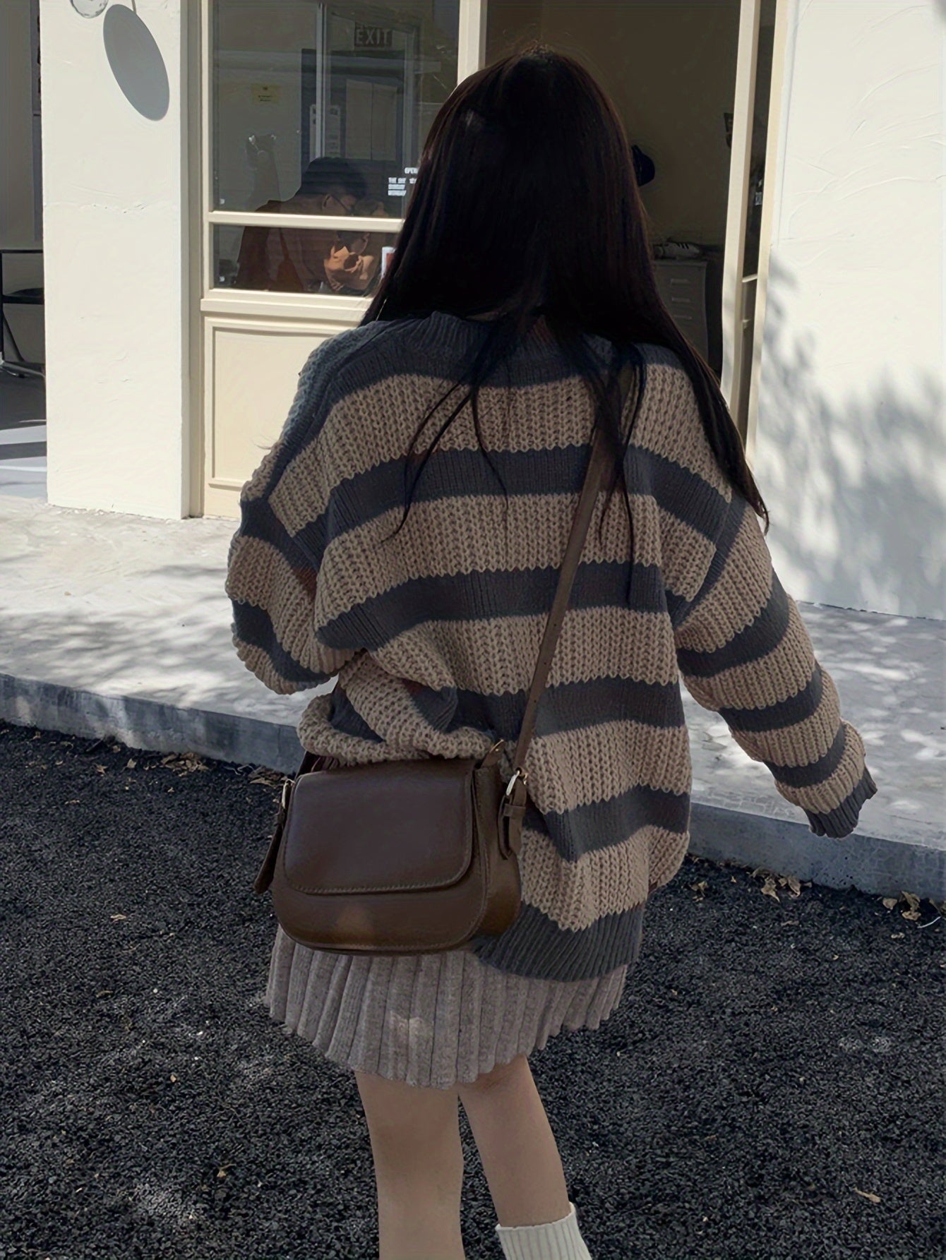 Antmvs Striped V Neck Pullover Sweater, Casual Long Sleeve Drop Shoulder Sweater, Women's Clothing