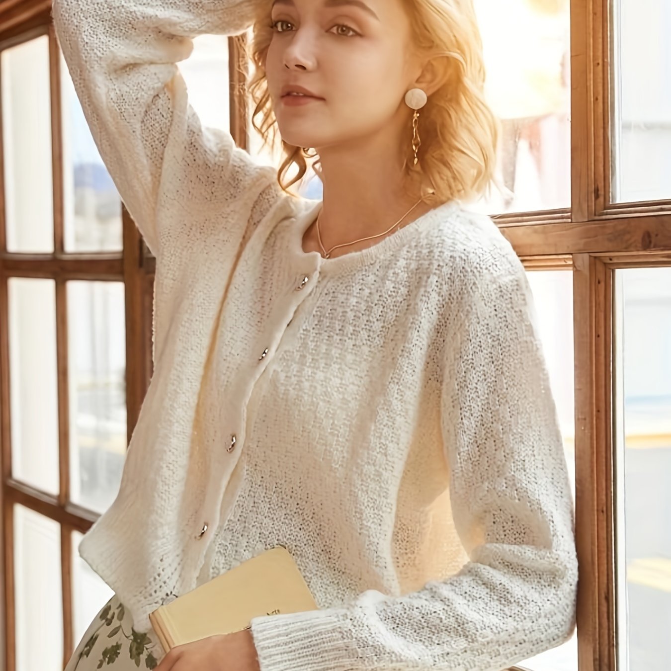 Antmvs Solid Button Front Knit Cardigan, Casual Crew Neck Long Sleeve Sweater, Women's Clothing