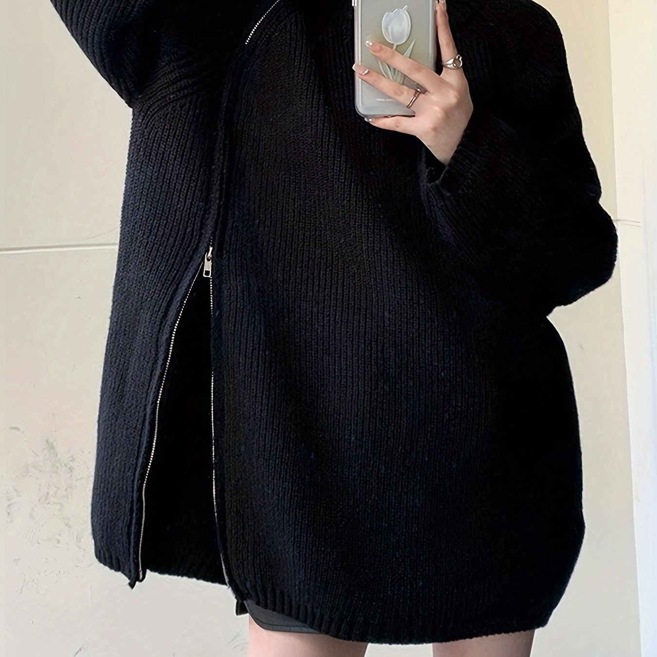 Antmvs Solid Zip Up Oversized Pullover Sweater, Casual Turtle Neck Long Sleeve Sweater, Women's Clothing