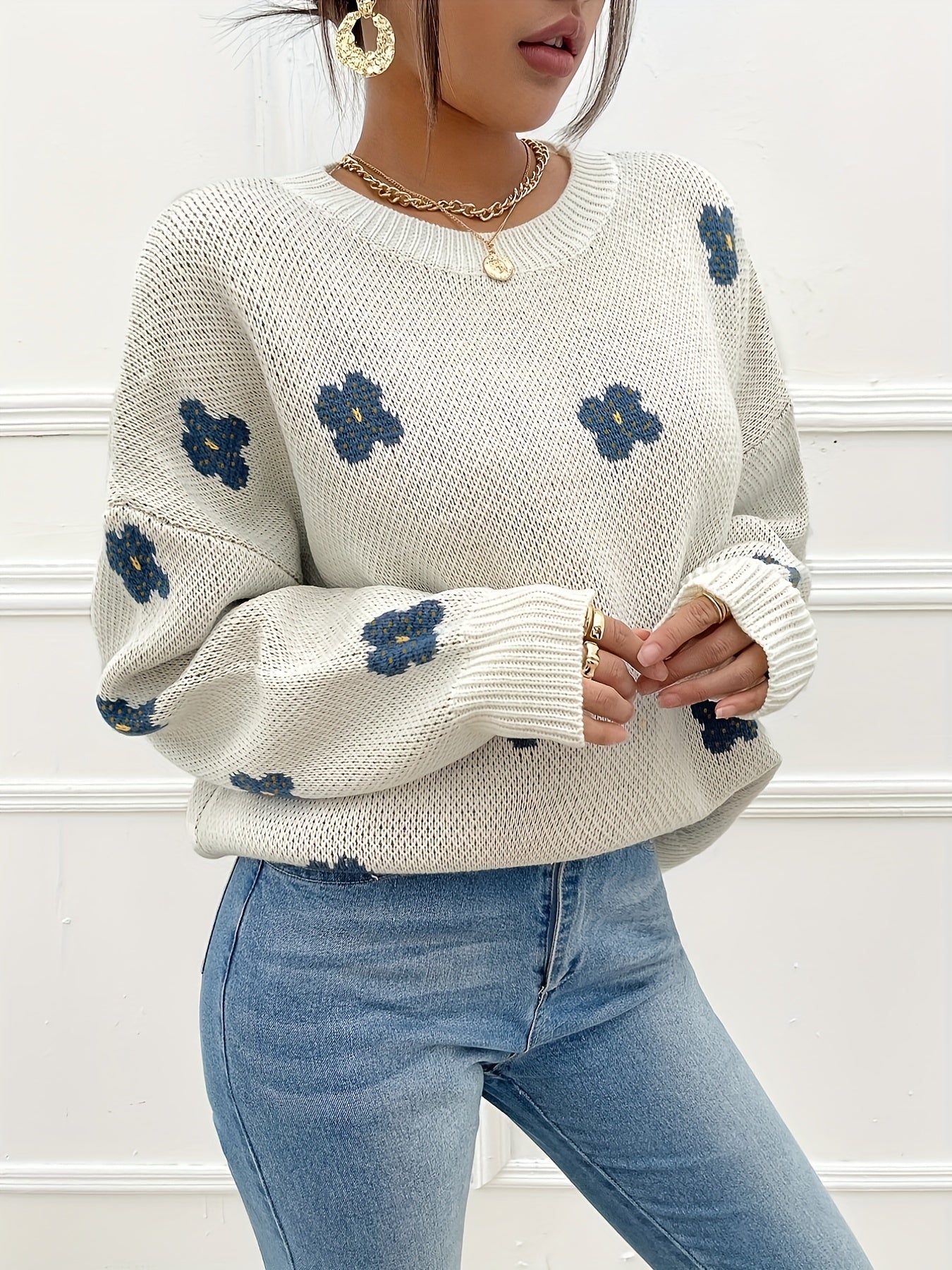 Antmvs Floral Pattern Crew Neck Sweater, Casual Long Sleeve Drop Shoulder Sweater For Fall & Winter, Women's Clothing