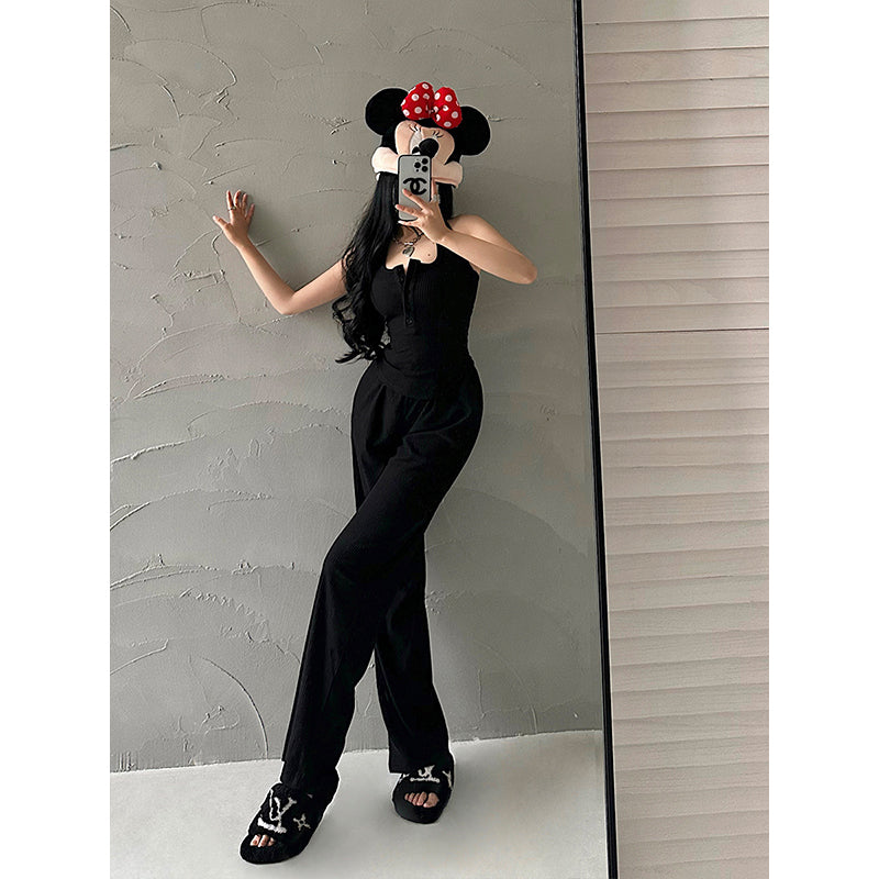 Antmvs Lia Solid Color Square Neck Wide Strap Ribbed Top + High Waist Straight Leg Pants Matching Set