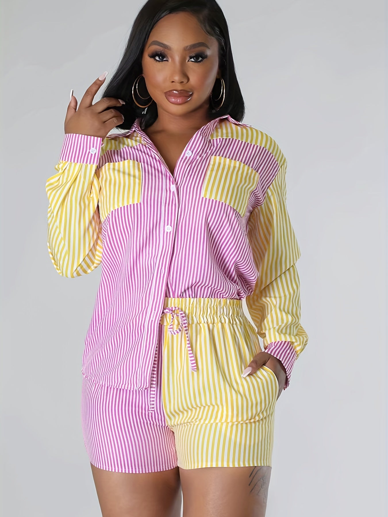 Antmvs Color Block Two Piece Set, Casual Striped Button Front Shirt & Drawstring Shorts For Spring & Summer, Women's Clothing