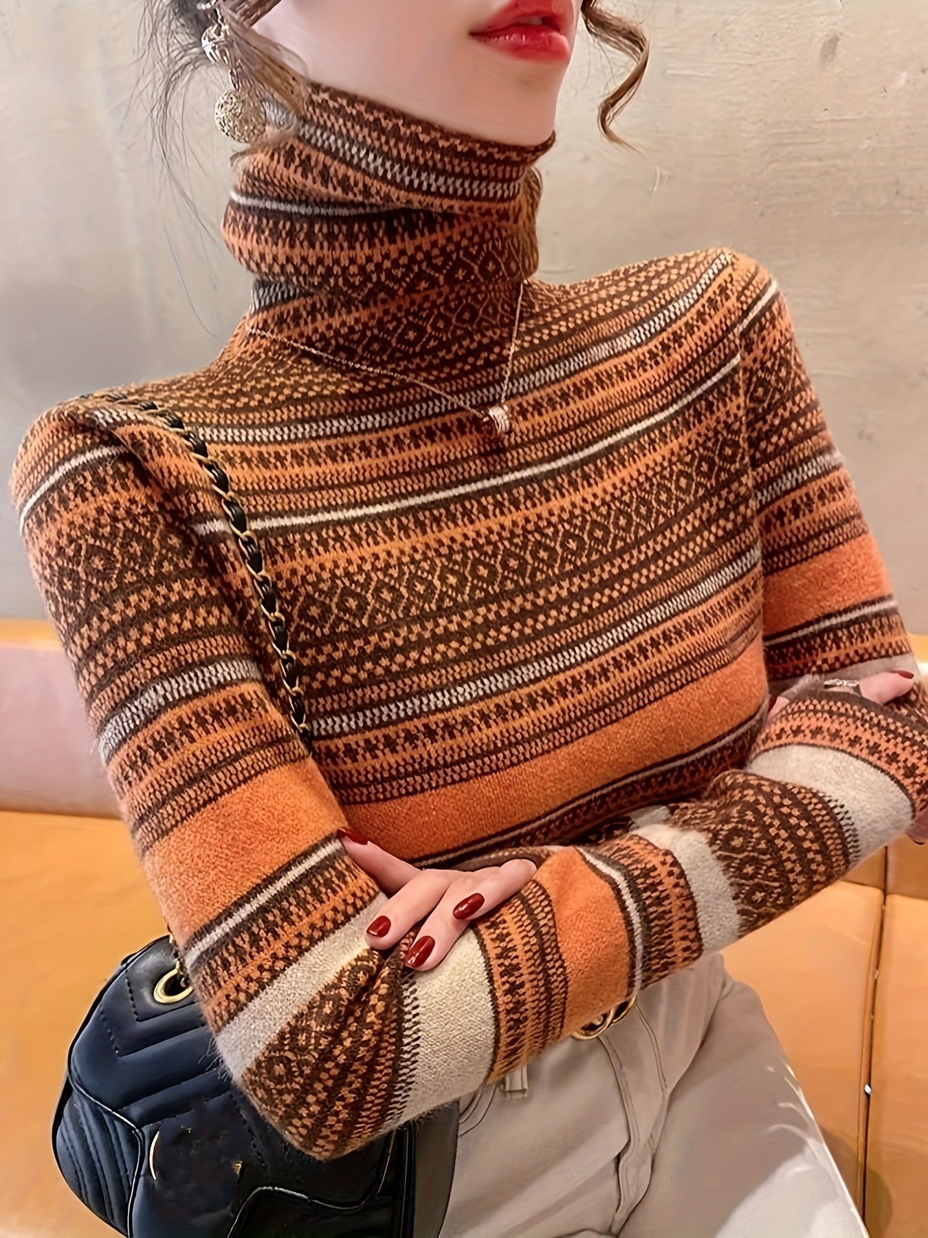 Antmvs Stripes Print Turtle Neck Pullover Sweater, Elegant Long Sleeve Knitted Sweater For Fall & Winter, Women's Clothing