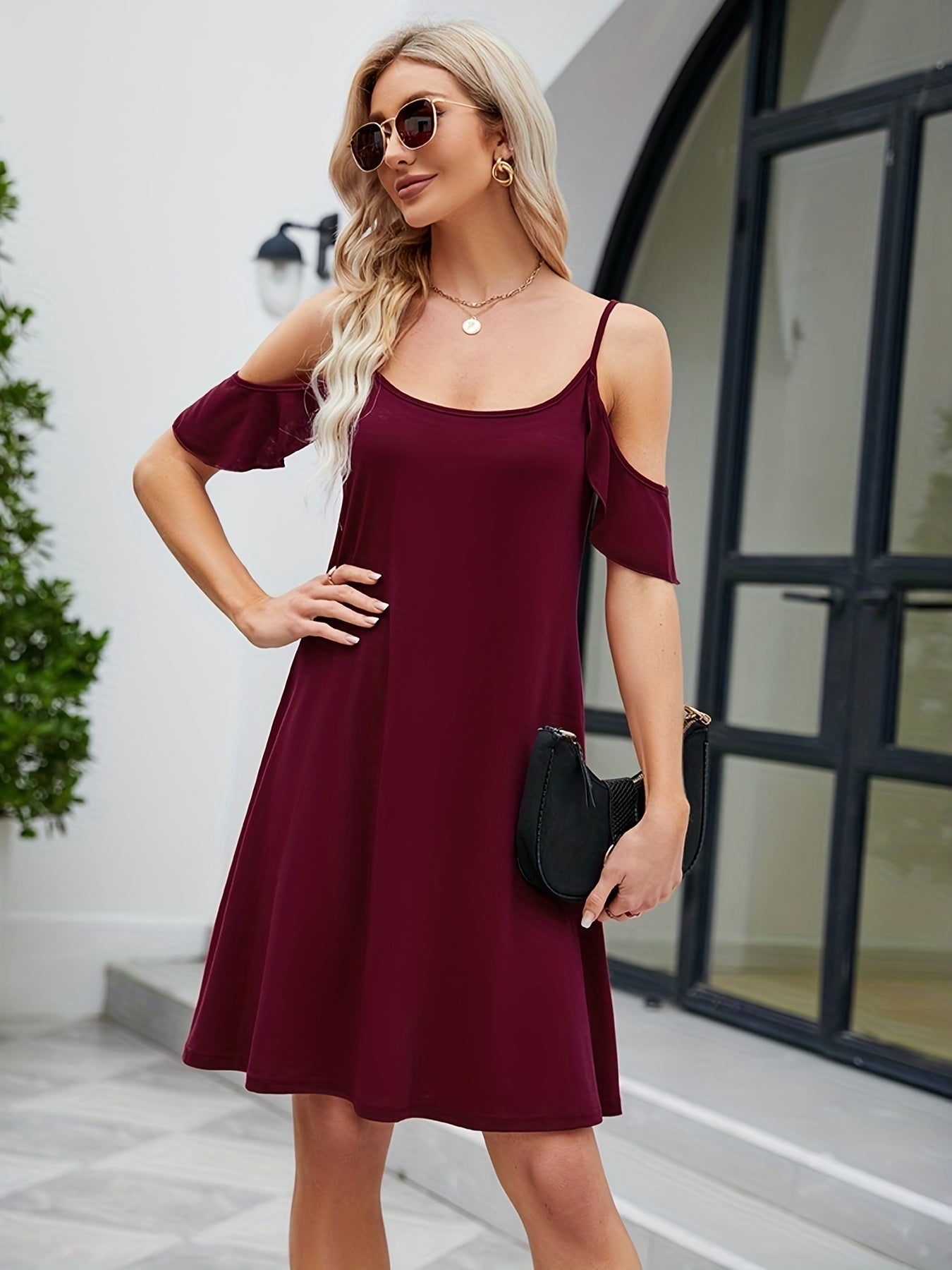 Antmvs Versatile Cold Shoulder Dress, Elegant Spaghetti Ruffle Trim Dress, Women's Clothing