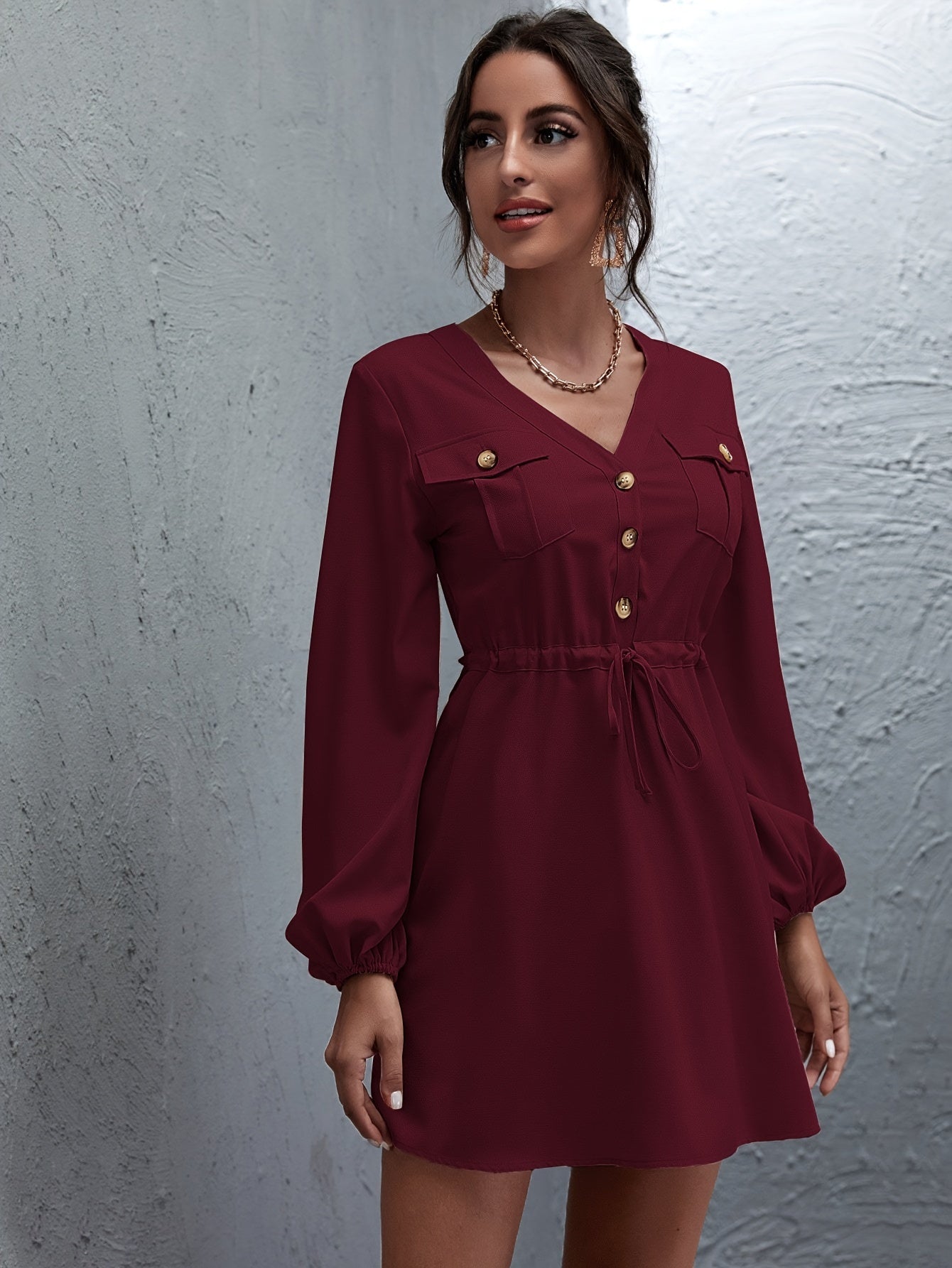 Antmvs Ditsy Floral Print Dress, Elegant V Neck Long Sleeve Dress With Buttons, Women's Clothing