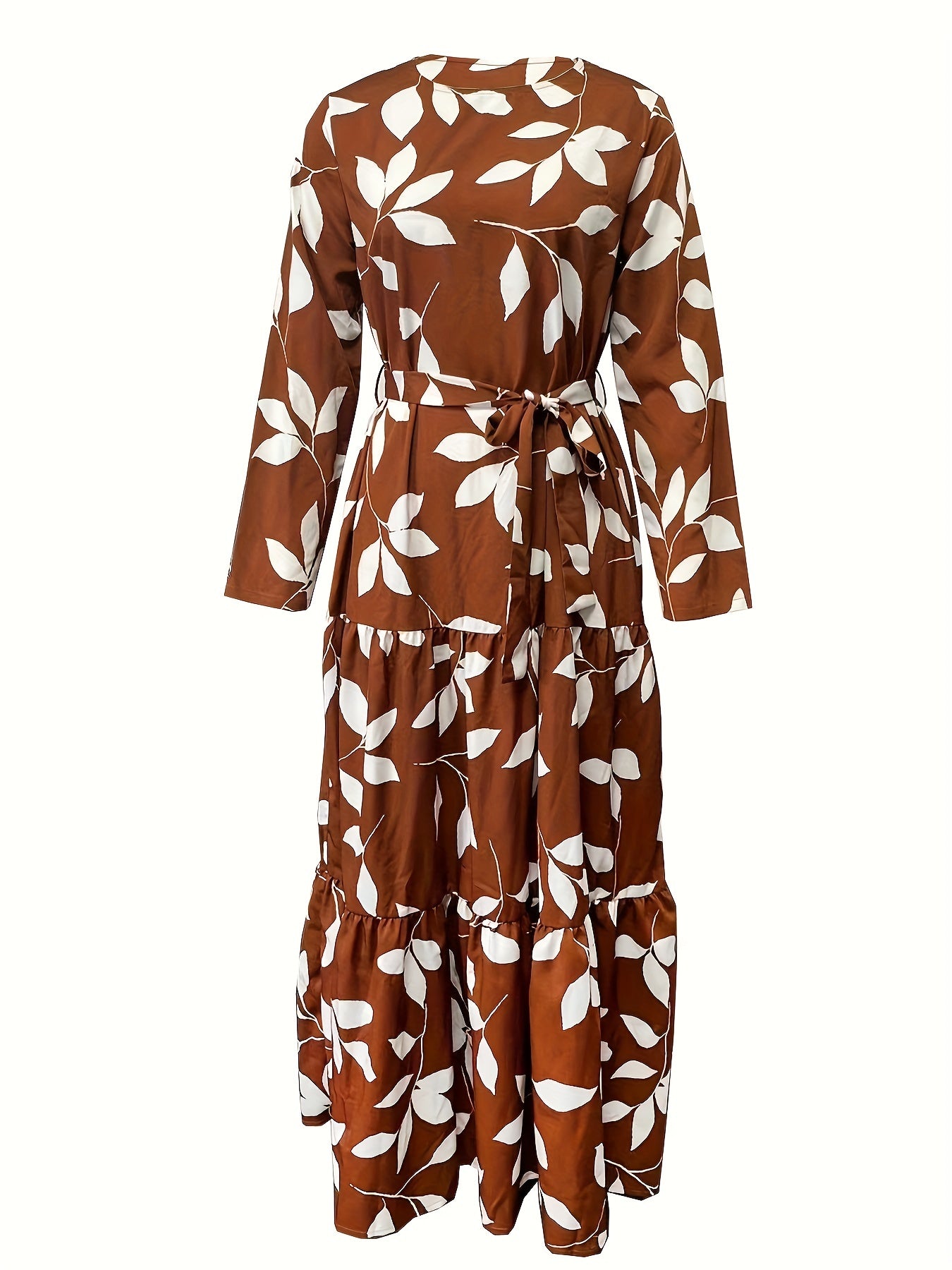 Antmvs Leaf Print Crew Neck Dress, Elegant Long Sleeve Belted Maxi Dress, Women's Clothing