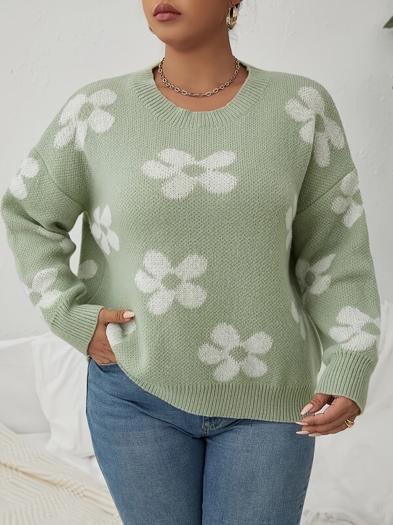 Antmvs Plus Size Casual Sweater, Women's Plus Floral Print Long Sleeve Round Neck Jumper