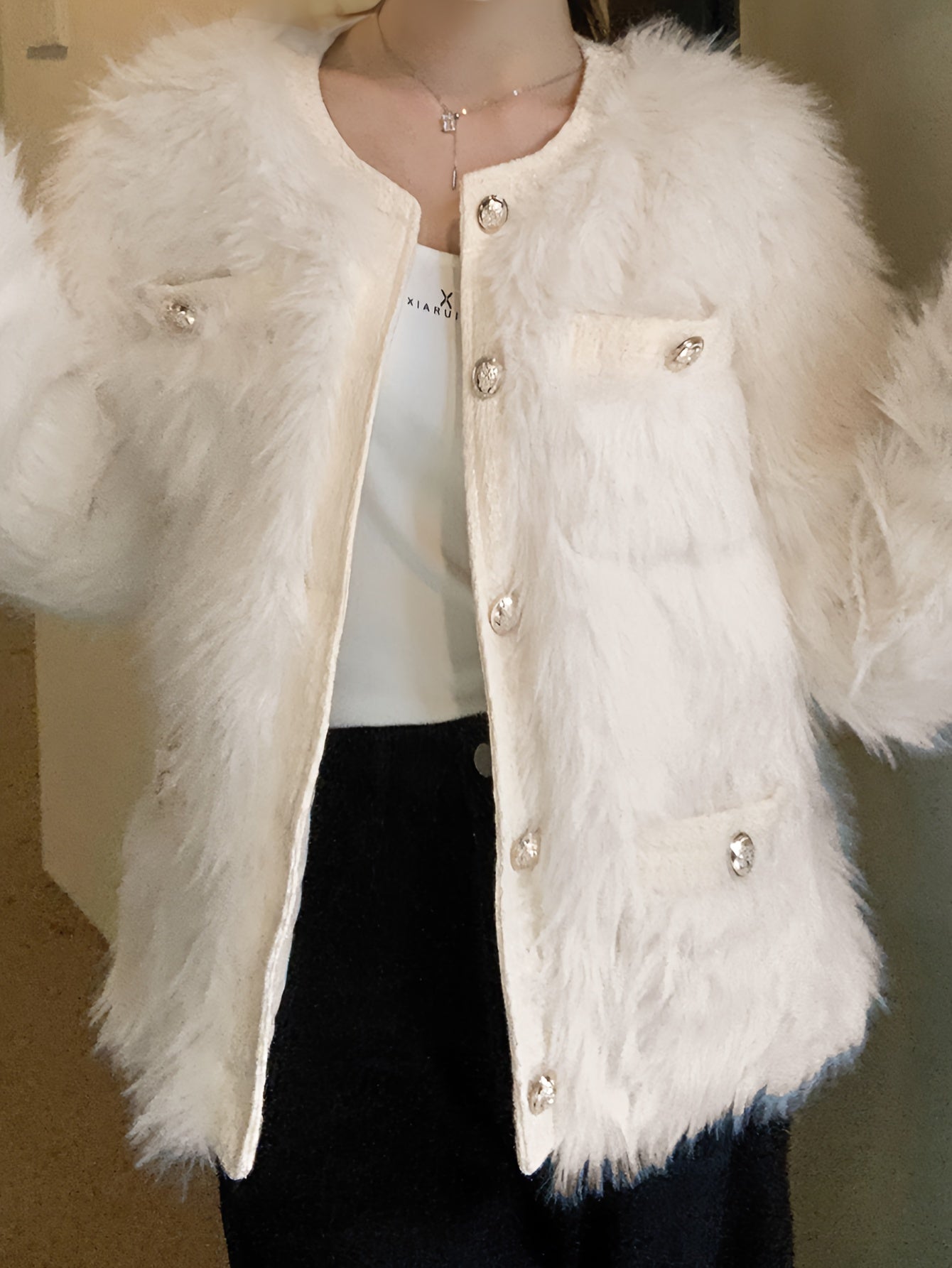 Antmvs Faux Fur Button Front Coat, Chic Thermal Long Sleeve Coat For Fall & Winter, Women's Clothing