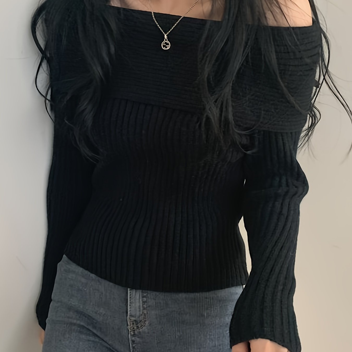Antmvs Solid Off Shoulder Pullover Sweater, Casual Long Sleeve Fashion Sweater, Women's Clothing