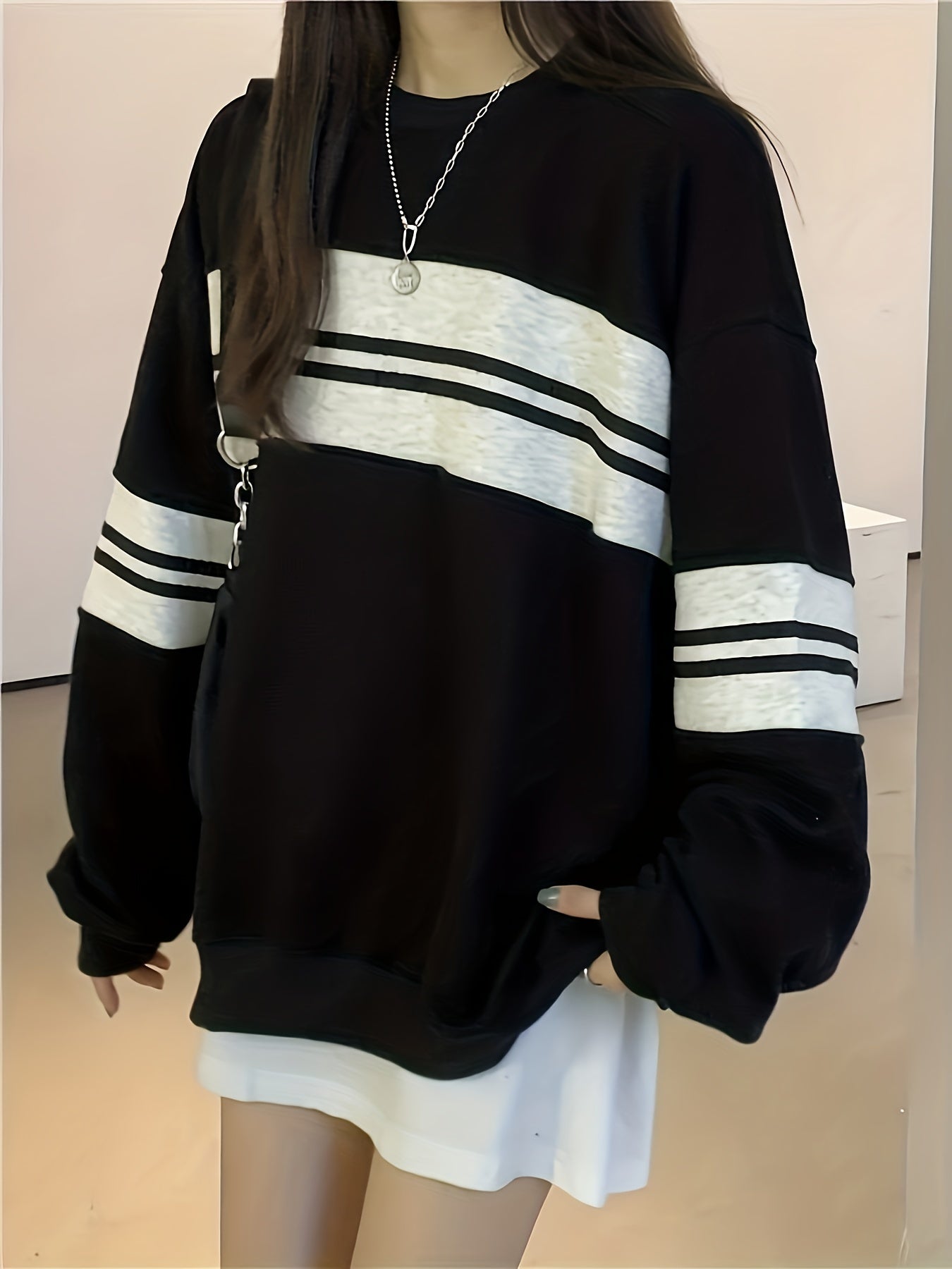Antmvs Striped Crew Neck Sweatshirt, Casual Long Sleeve Drop Shoulder Sweatshirt, Women's Clothing