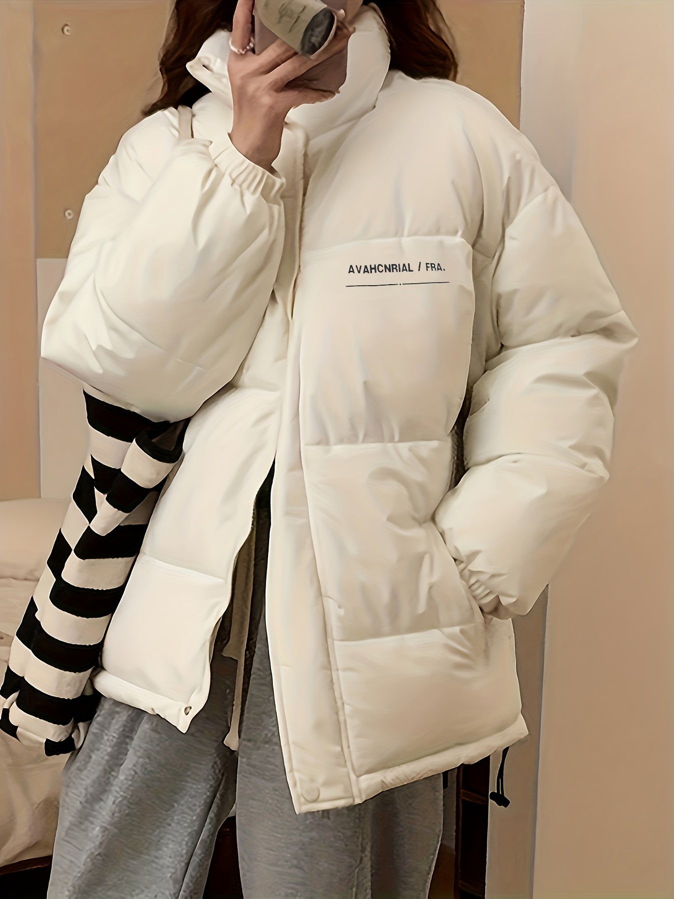 Antmvs Zip Up Letter Print Puffy Coat, Long Sleeve Slant Pockets Outwear For Winter, Women's Clothing