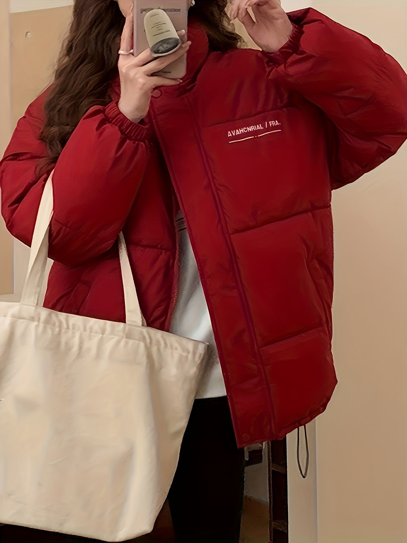 Antmvs Zip Up Letter Print Puffy Coat, Long Sleeve Slant Pockets Outwear For Winter, Women's Clothing