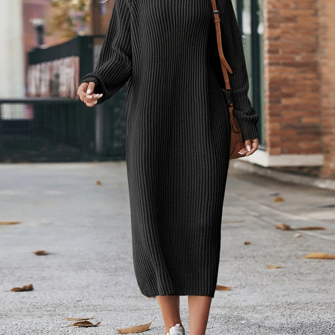 Antmvs Turtleneck Ribbed Sweater Dress, Casual Solid Long Sleeve Midi Dress, Women's Clothing