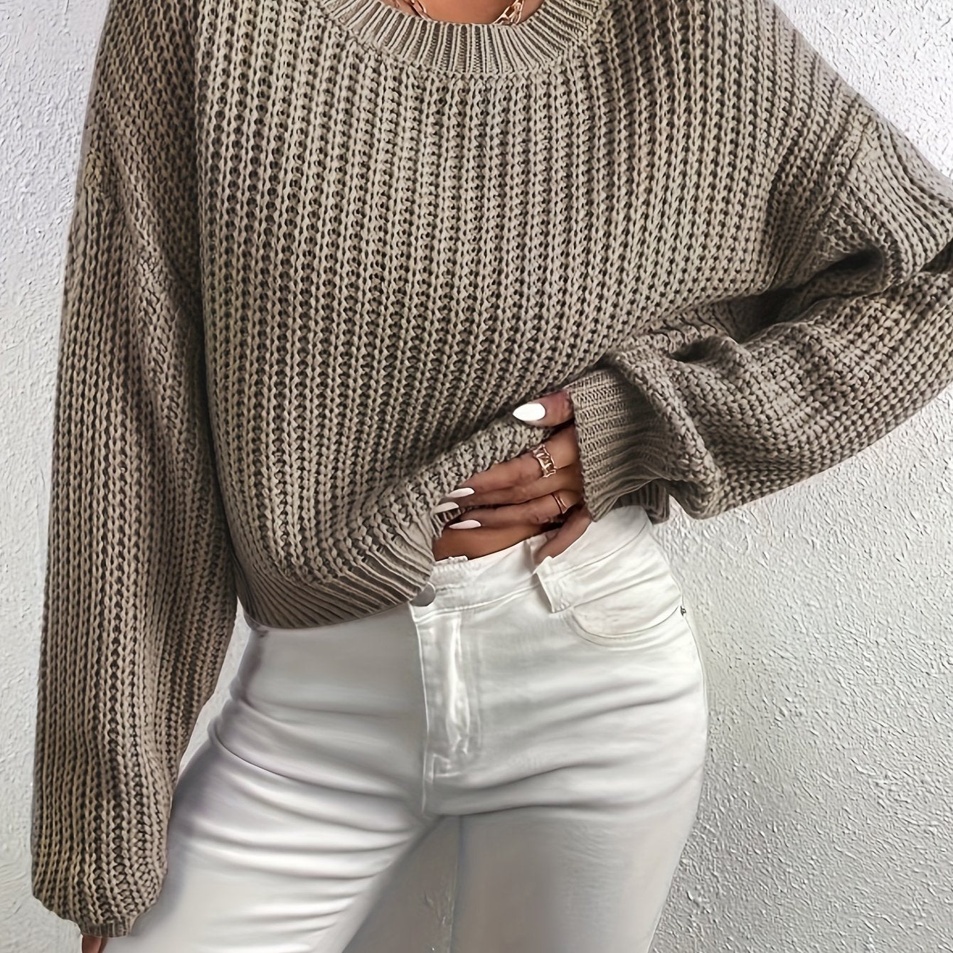 Antmvs Crew Neck Rib Knit Sweater, Casual Drop Shoulder Oversized Long Sleeve Loose Fall Winter Knit Sweater, Women's Clothing