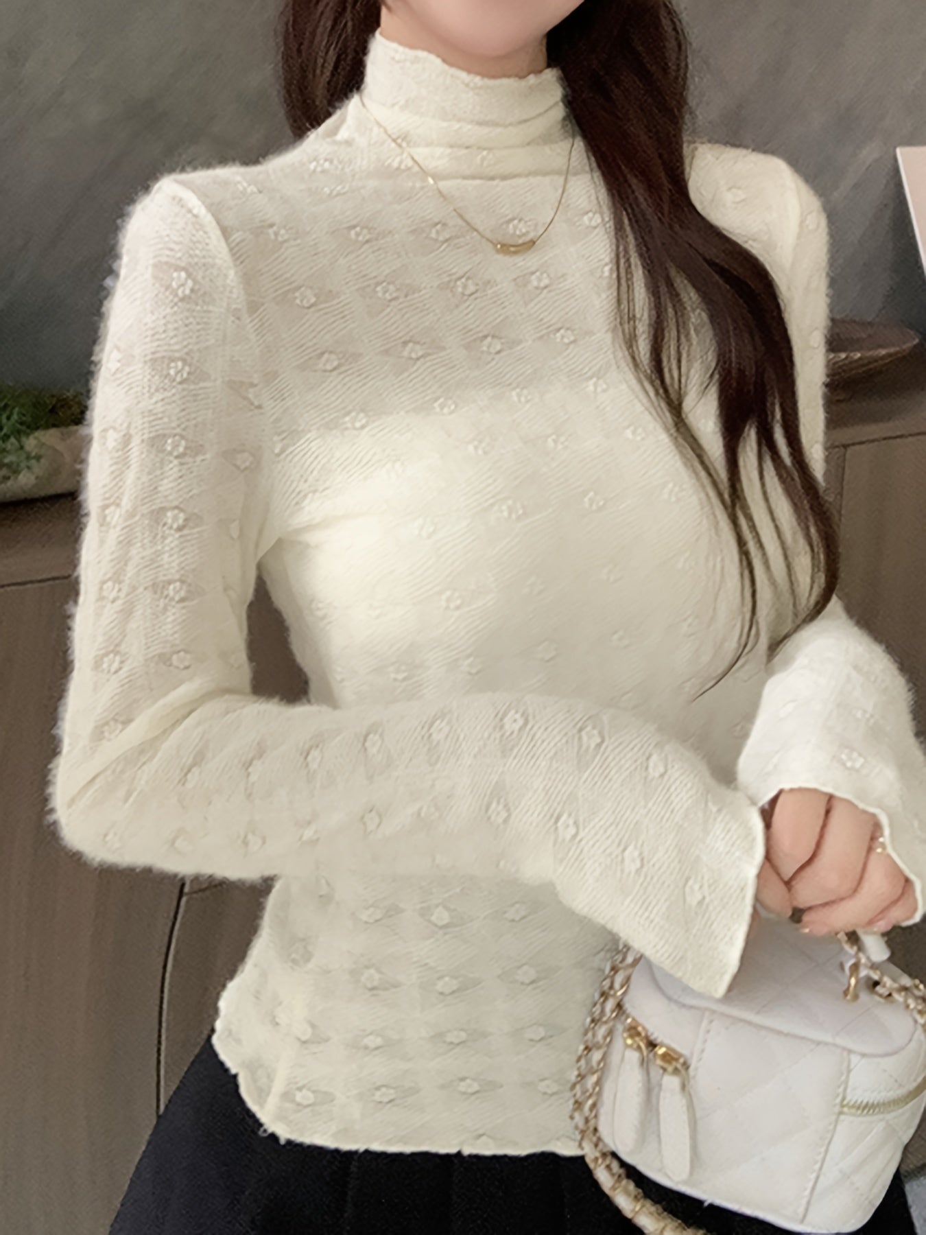 Antmvs Solid Color Mock Neck T-Shirt, Casual Long Sleeve T-Shirt For Spring & Fall, Women's Clothing
