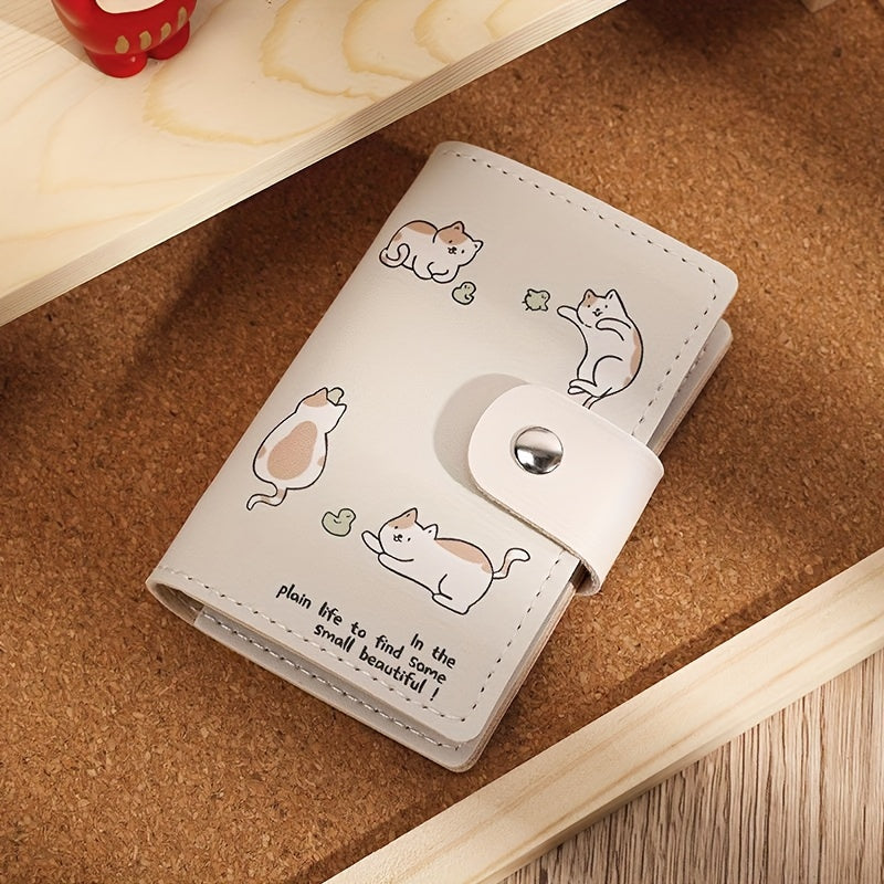 Kawaii Cartoon Cat Pattern Short Card Wallet, Cute Credit Card Holder With Flap Snap Button