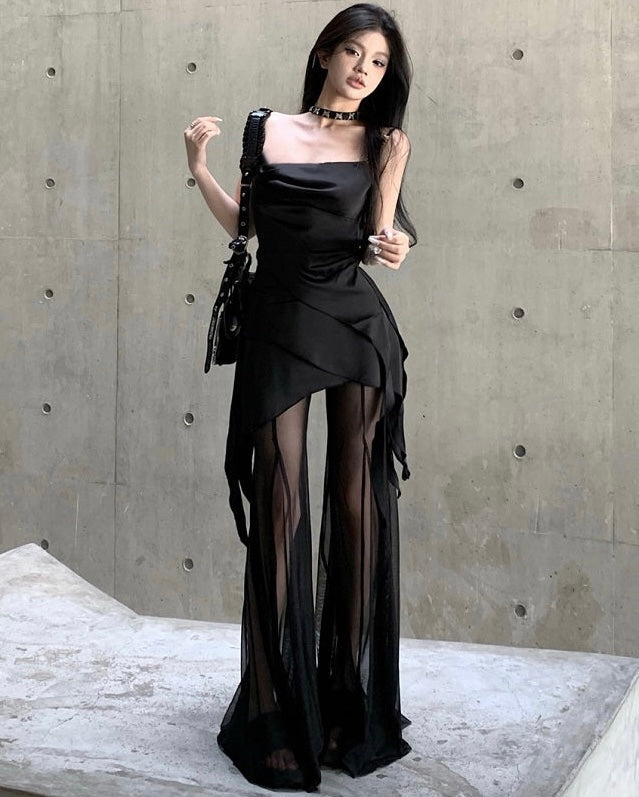 Antmvs Vienna Solid Color Black Spaghetti Strap Pleated Square Neck Asymmetrical Top + High Waist Patchwork Long Sheer Skirt Pants Matching Set