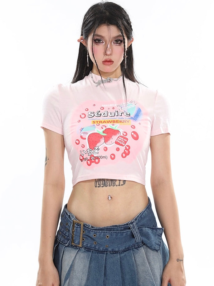 Antmvs Lilia Sweet Strawberry Cartoon Image Print Short Sleeve Slim Cropped Top