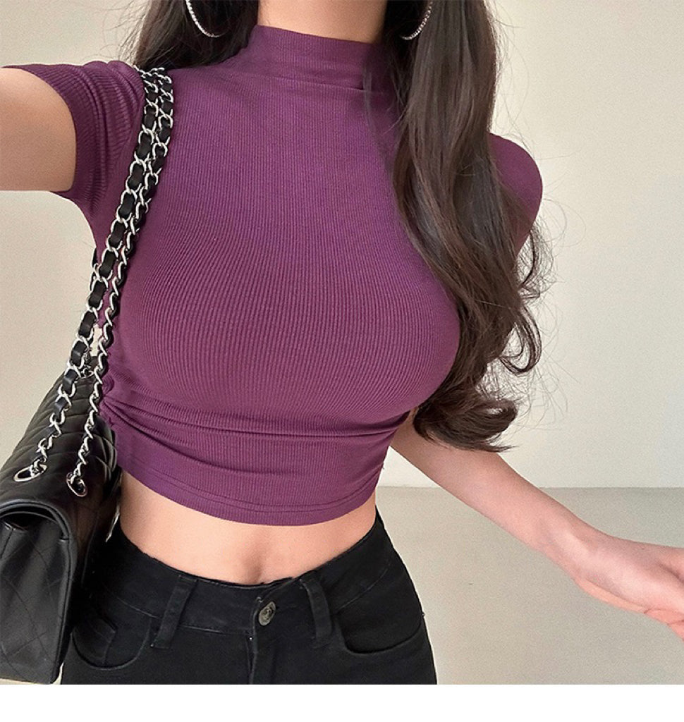 Antmvs Norma Solid Color Short Sleeve Turtleneck Slim Cropped Top