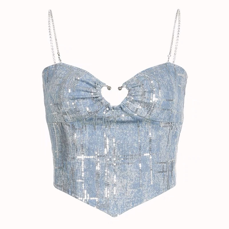 Antmvs Shelly Icy Blue & Silver Spaghetti Strap Slim Camisole Cropped Top