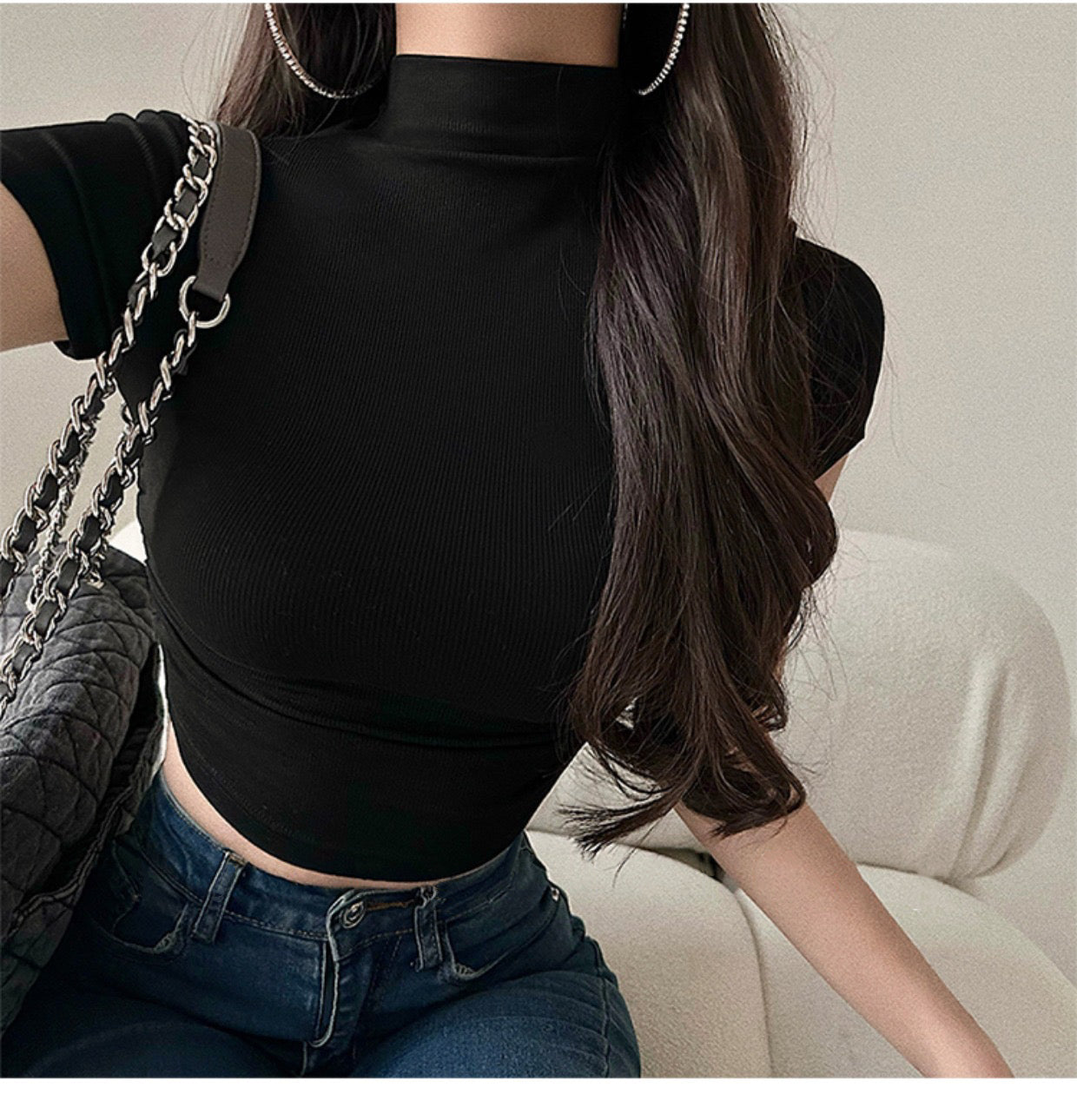 Antmvs Norma Solid Color Short Sleeve Turtleneck Slim Cropped Top